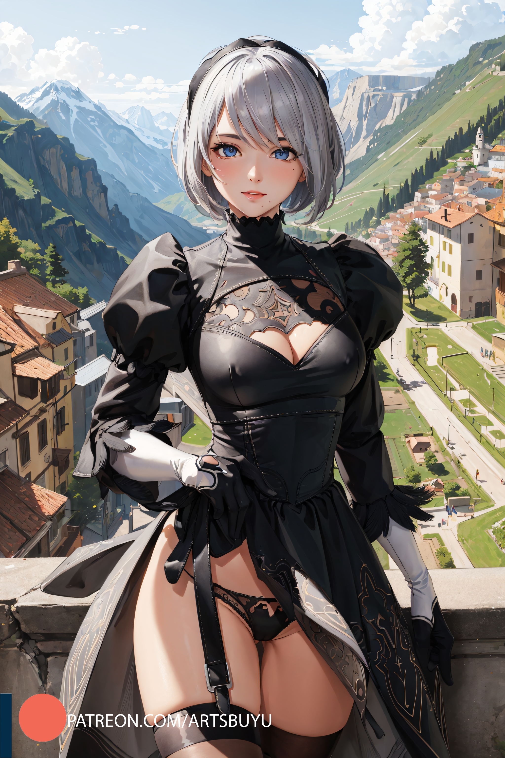 ai generated, black dress, black headband, black legwear, blue eyes, breasts, female, gloves, headband, large breasts, legwear, light blush, light smile, nier: automata, panties, short hair, stable diffusion, thighhighs, white hair, yorha 2b