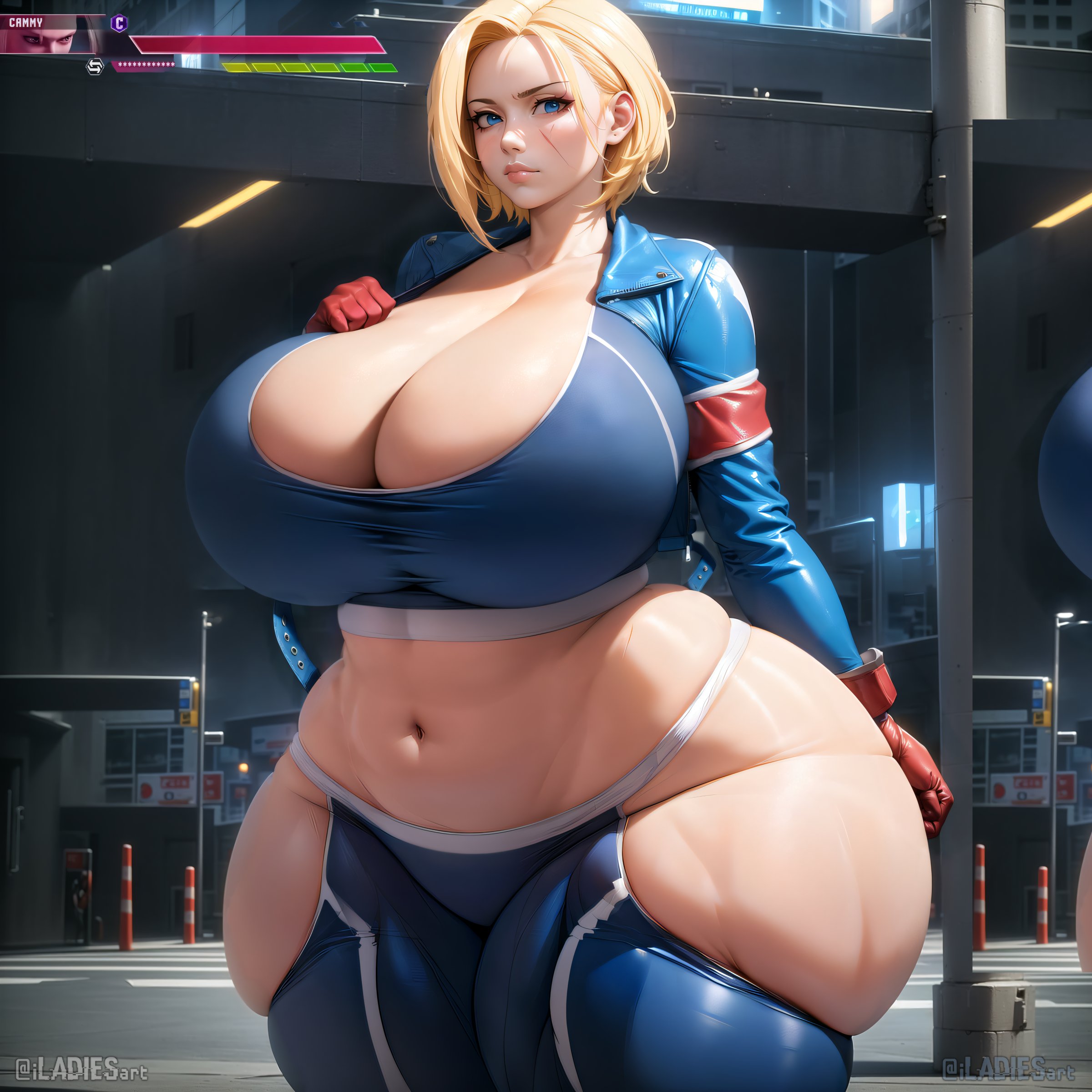 ai generated, big breasts, blonde female, blonde hair, breasts, cammy white, capcom, female, huge breasts, iladiesart, large breasts, street fighter, street fighter 6, wide hips