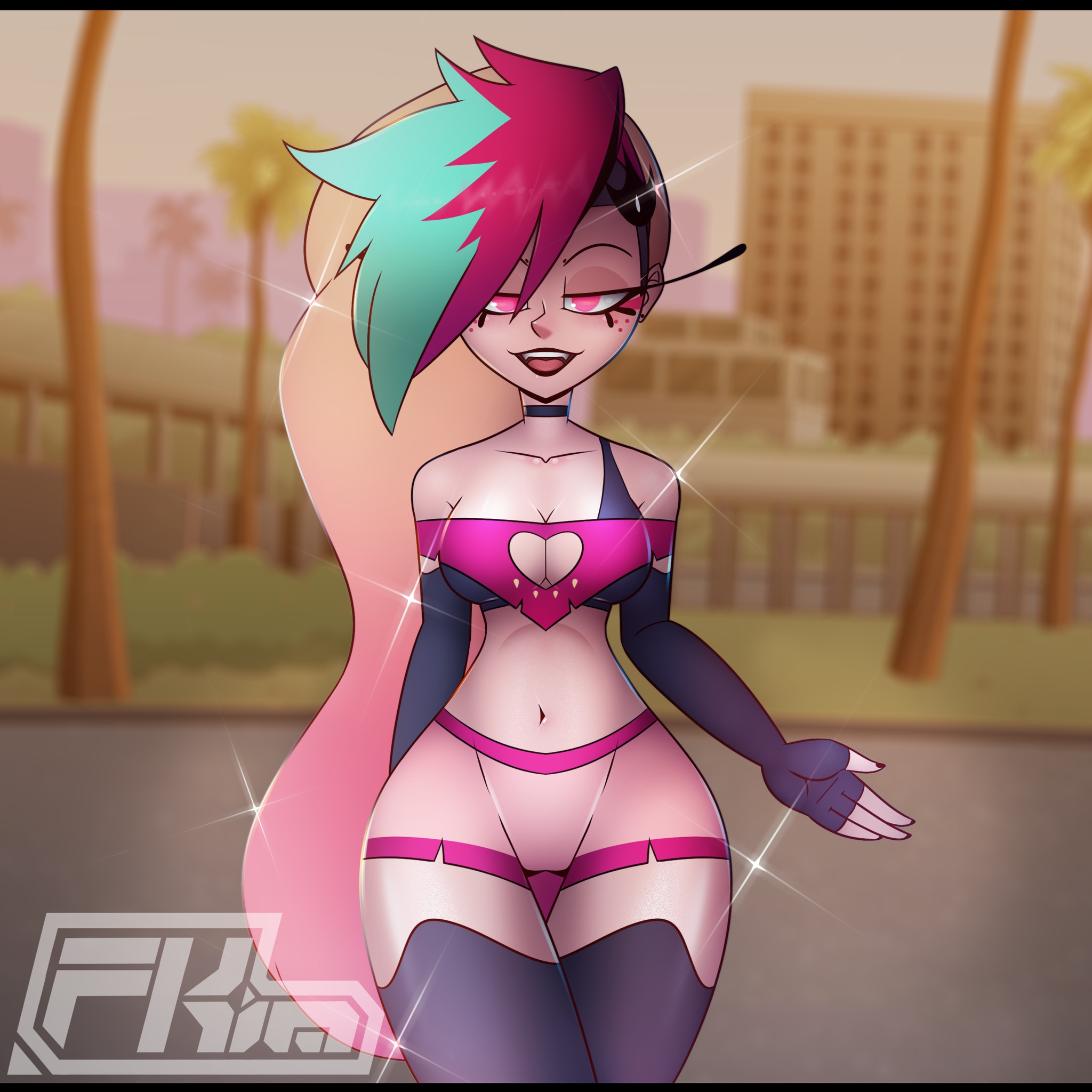 1girls, breasts, cleavage, demon, disguise, female, fkimnsfw, helluva boss, long hair, navel, queen bee-lzebub (helluva boss), solo, tagme, vivienne medrano