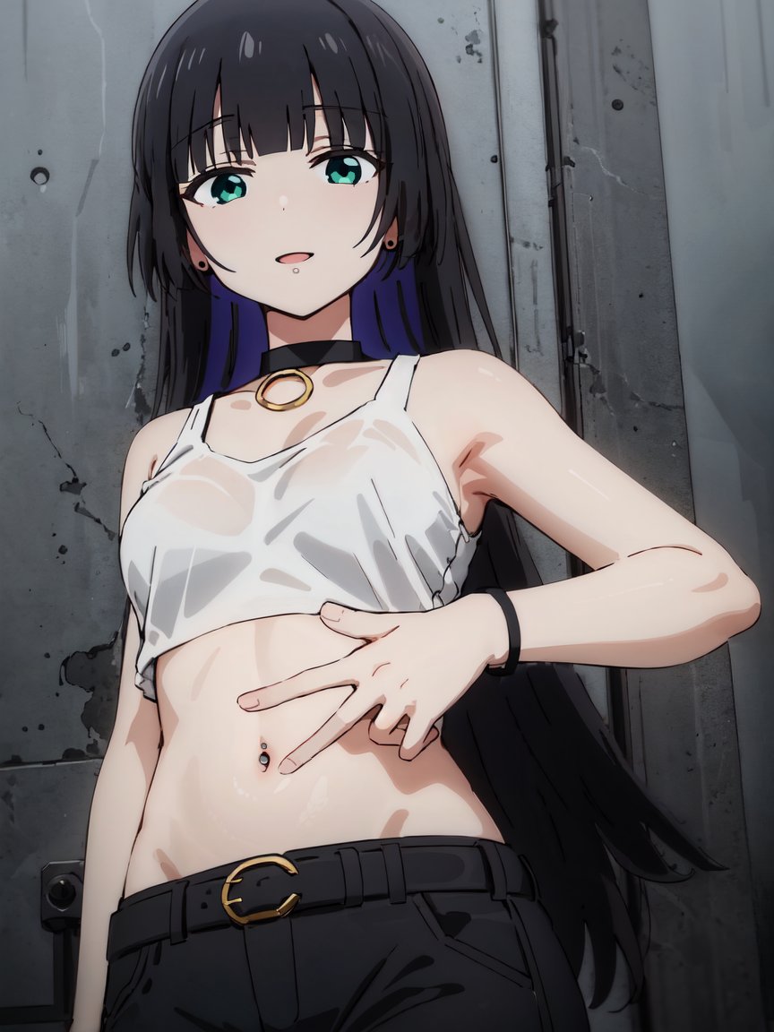 1girls, ai generated, alley, belly, belly piercing, black hair, blue hair, bocchi the rock!, breasts, choker, dark blue hair, female, fringe, goth, green eyes, hime cut, light skin, light-skinned female, long hair, midriff, navel piercing, pa-san, pale skin, pale-skinned female, petite, piercing, small breasts, teenager, two-tone hair