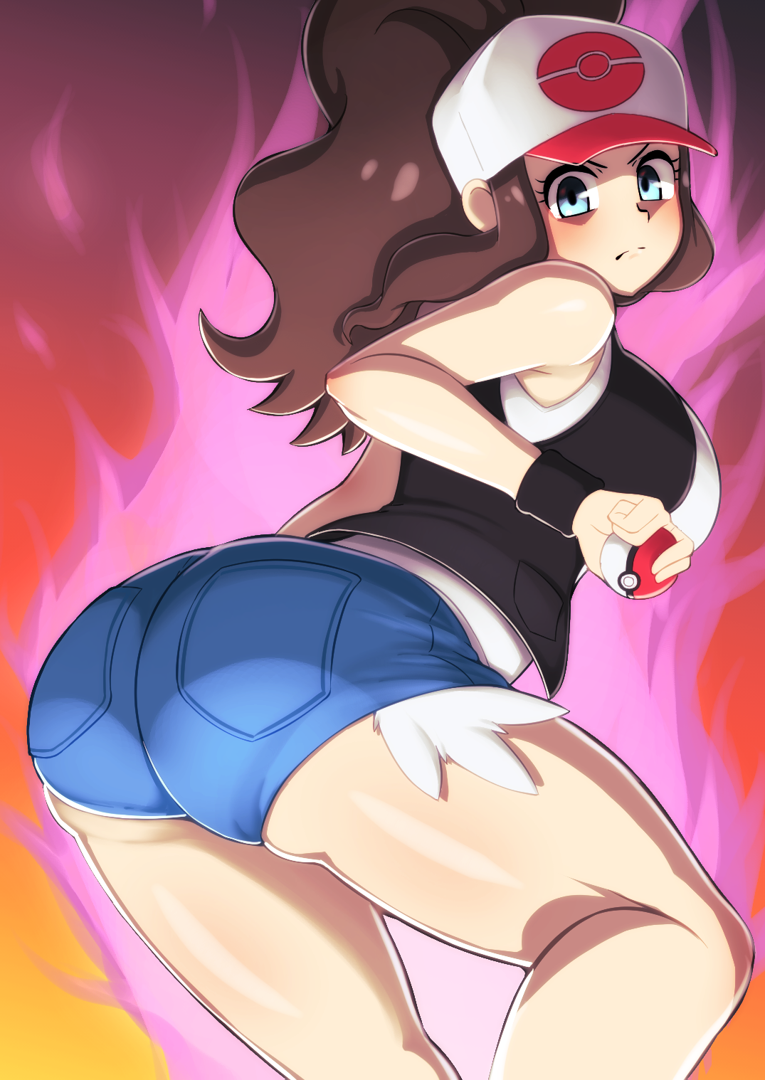 1girls, ass, ass focus, ass hanging out of shorts, baseball cap, big ass, big breasts, blue eyes, blue shorts, booty shorts, bottomwear, breasts, brown hair, clothing, female, female only, game freak, hat, headwear, hilda (pokemon), huge ass, looking back, nekokan meiro, pokeball, pokemon, pokemon bw, ponytail, short shorts, shorts, solo, solo female, thick thighs, thighs, topwear