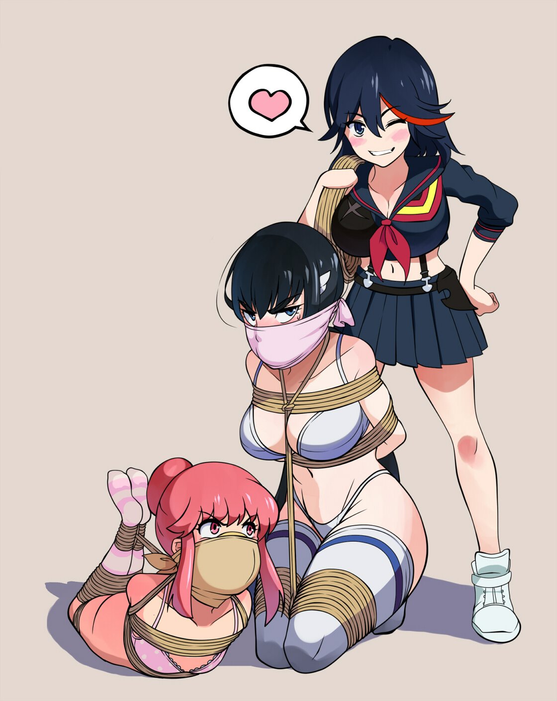 3girls bondage bound defeated female female_only gag gagged glaring hogtie jakuzure_nonon jam-orbital kidnapping kill_la_kill kiryuuin_satsuki knee_socks kneehighs kneesocks matoi_ryuuko multiple_girls over_the_mouth_gag over_the_nose_gag pink_socks senketsu socks striped_socks thigh_socks thighhighs white_socks