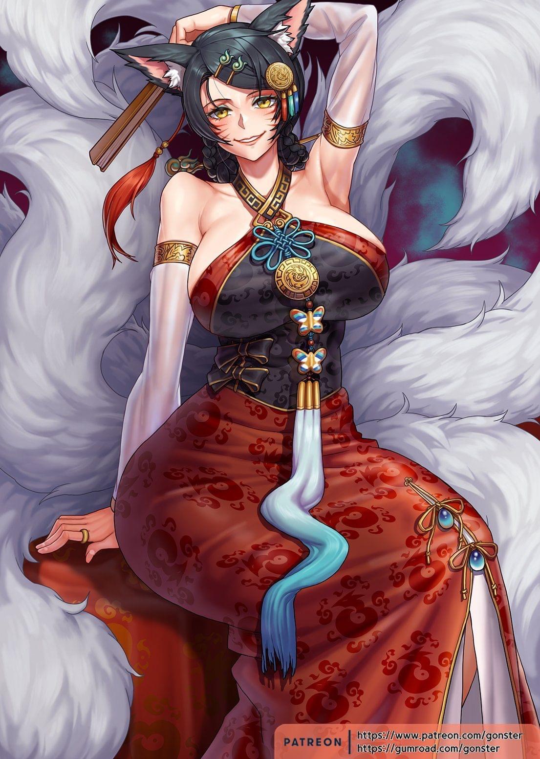 9_tails ahri big_breasts blush breasts busty dress fox_ears fox_tails gonster hair_ornaments hand_fan league_of_legends milf nine_tailed_fox smile thick_thighs vastaya wide_hips