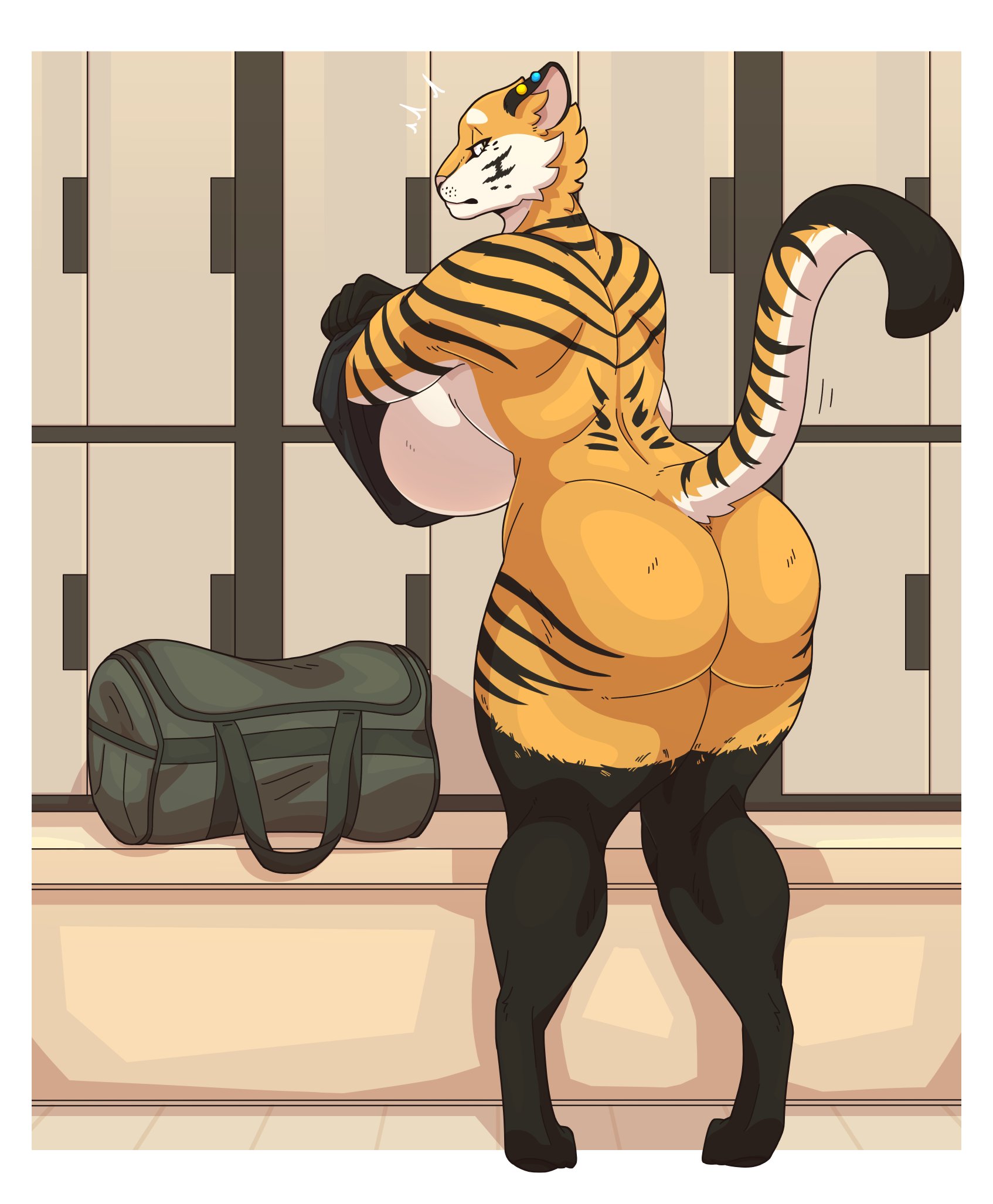 1girls, 2021, anthro, armpits, ass, back boob, back view, big ass, big breasts, big butt, breasts, clothing, ear piercing, felid, female, female only, hi res, inside, jeannine geroux, leg markings, locker, locker room, looking at viewer, looking back, looking back at viewer, mammal, markings, nude, nude female, pantherine, piercing, rear view, slightlysimian, socks (marking), solo, stripes, tiger, undressing