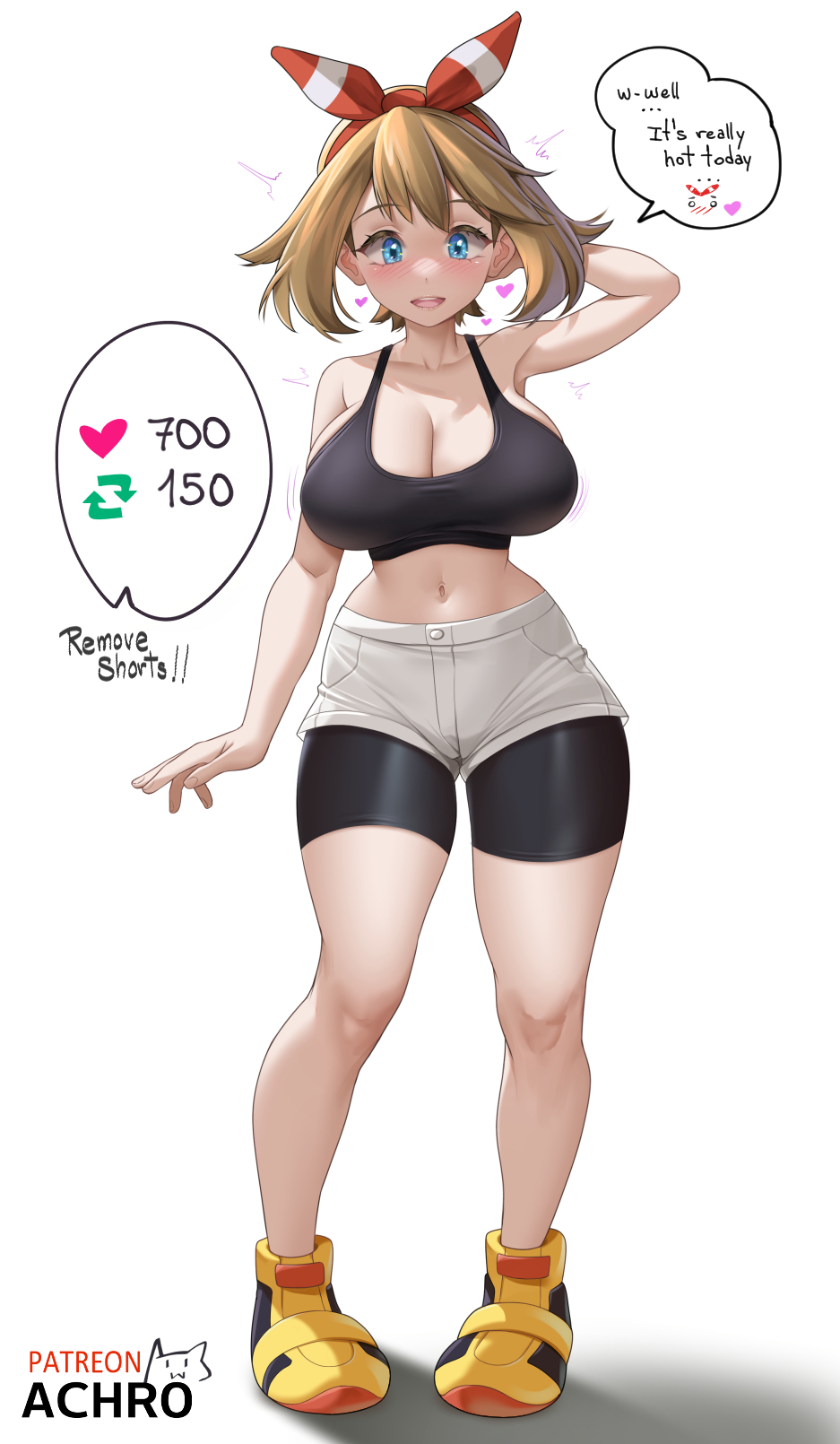 1girls, 2d, achromaru, blue eyes, breasts, brown hair, female, hips, human, jpeg, large breasts, light skin, light-skinned female, long hair, massive breasts, may (pokemon oras), may (pokemon), nintendo, pokemon, pokemon oras, standing, strip game, text, thick thighs, thighs, wide hips