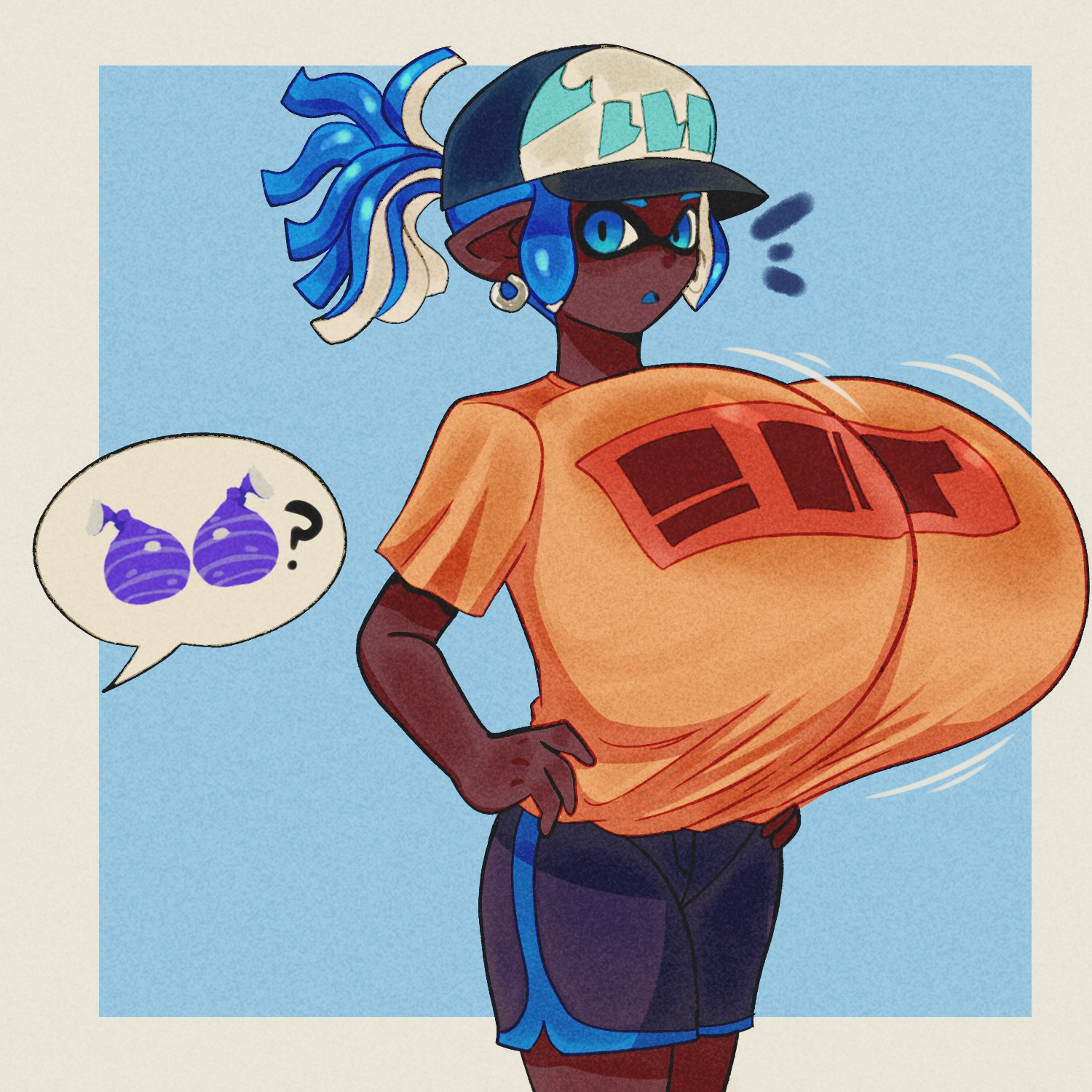 1girls, animal humanoid, anthro, blue eyes, blue hair, breasts, breasts bigger than head, breasts bigger than torso, cephalopod, cephalopod humanoid, dark skin, dark-skinned female, female, humanoid, hyper breasts, inkling, inkling boy, inkling girl, lueduar, lueduartv, mask (marking), nintendo, pointy ears, splatoon, splatoon 2, squid, tentacle, tentacle hair, top heavy