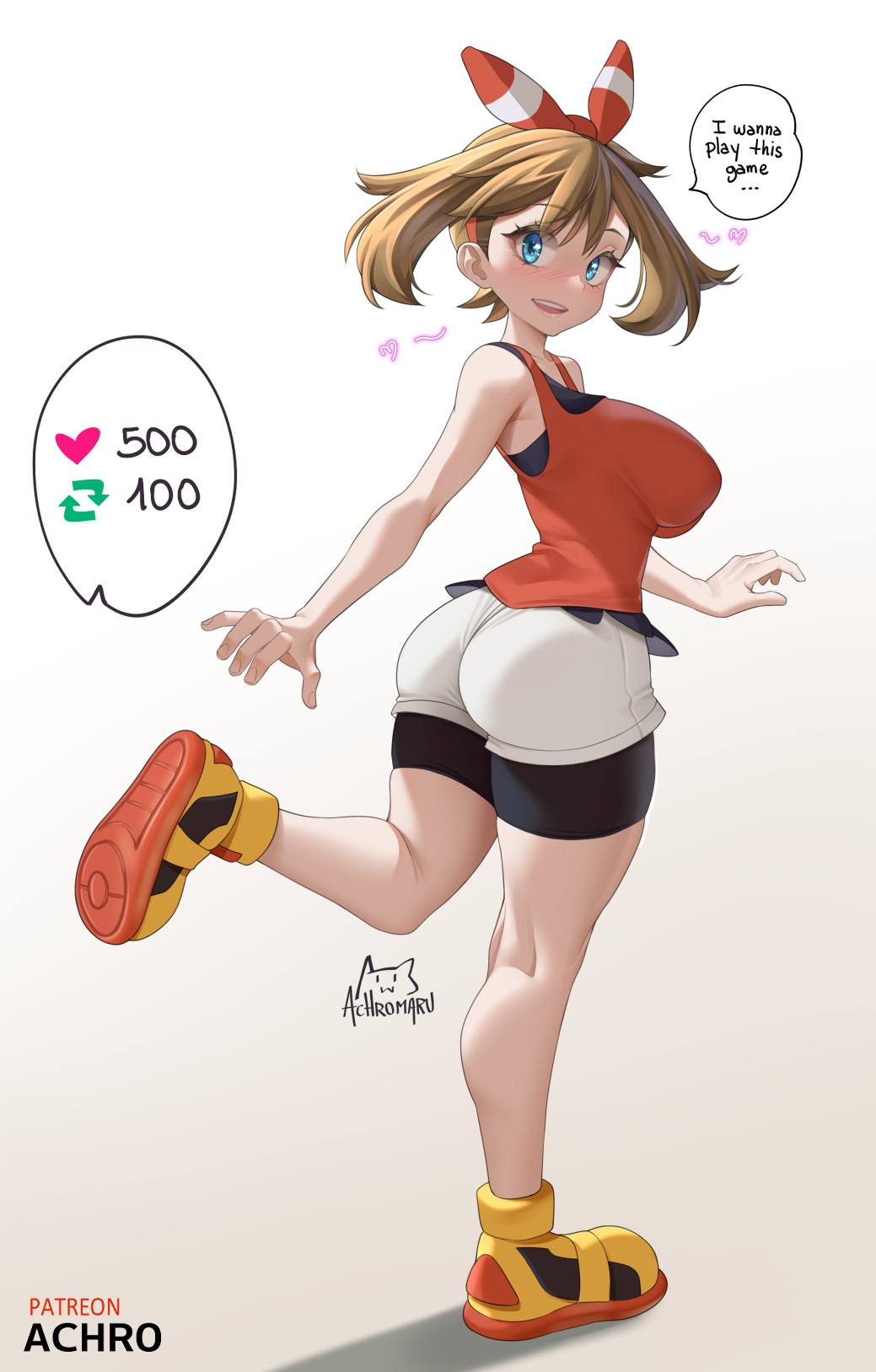 1girls, 2d, achromaru, blue eyes, breasts, brown hair, female, hips, human, jpeg, large breasts, light skin, light-skinned female, long hair, massive breasts, may (pokemon oras), may (pokemon), nintendo, pokemon, pokemon oras, shoes, shorts, thick thighs, thighs, wide hips