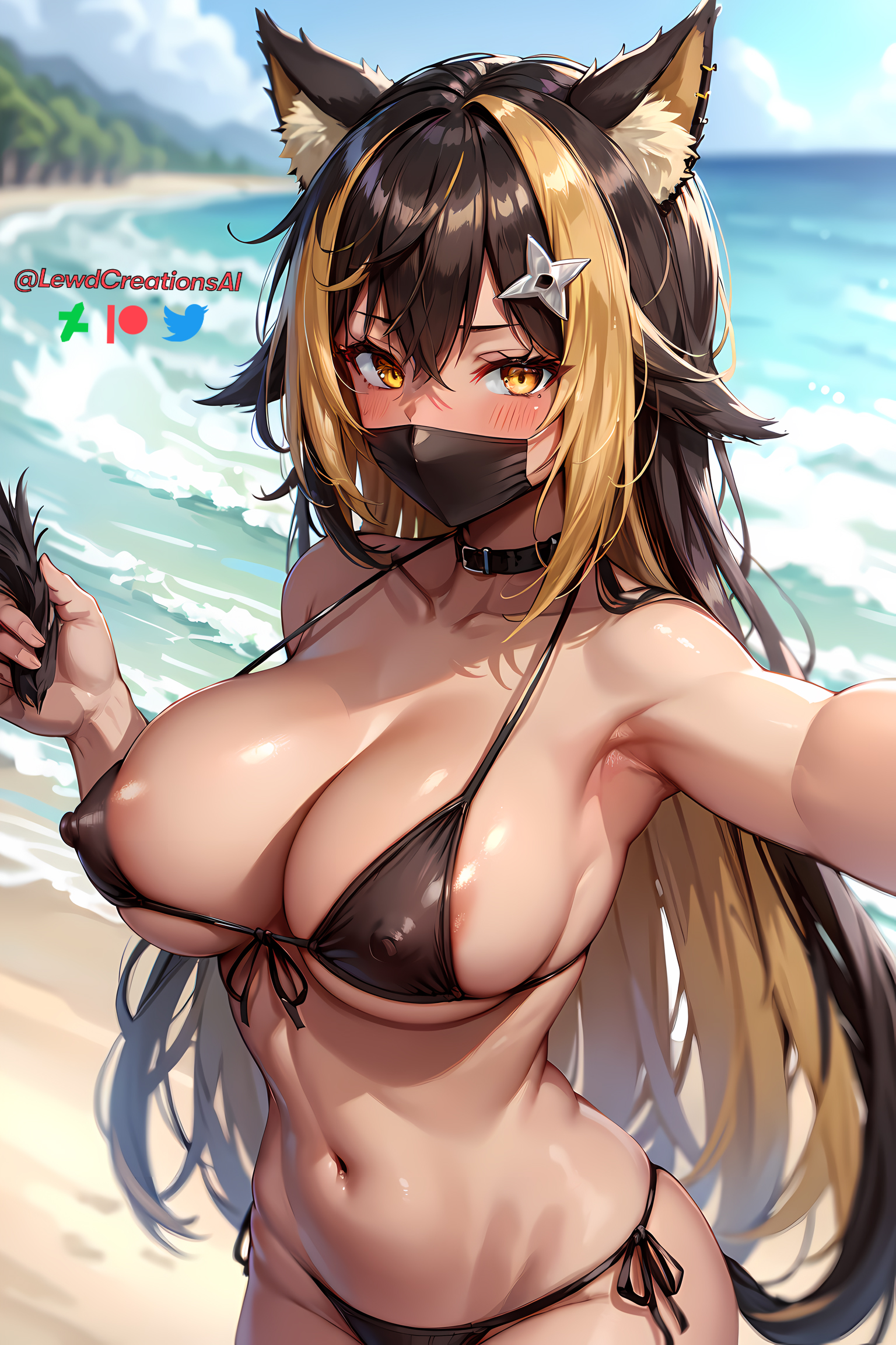 1girls, absurd res, ai generated, armpit, armpit fetish, armpits, beach, bikini, blonde hair, breasts, cat ears, cat girl, cat tail, catgirl, choker, cleavage, collar, covered nipples, dark hair, dark skin, dark-skinned female, facemask, female, huge breasts, indie virtual youtuber, lewdcreationsai, neko, nekoyo chloe, nipple bulge, nipple slip, nipples visible through clothing, outdoors, selfie, solo, virtual youtuber
