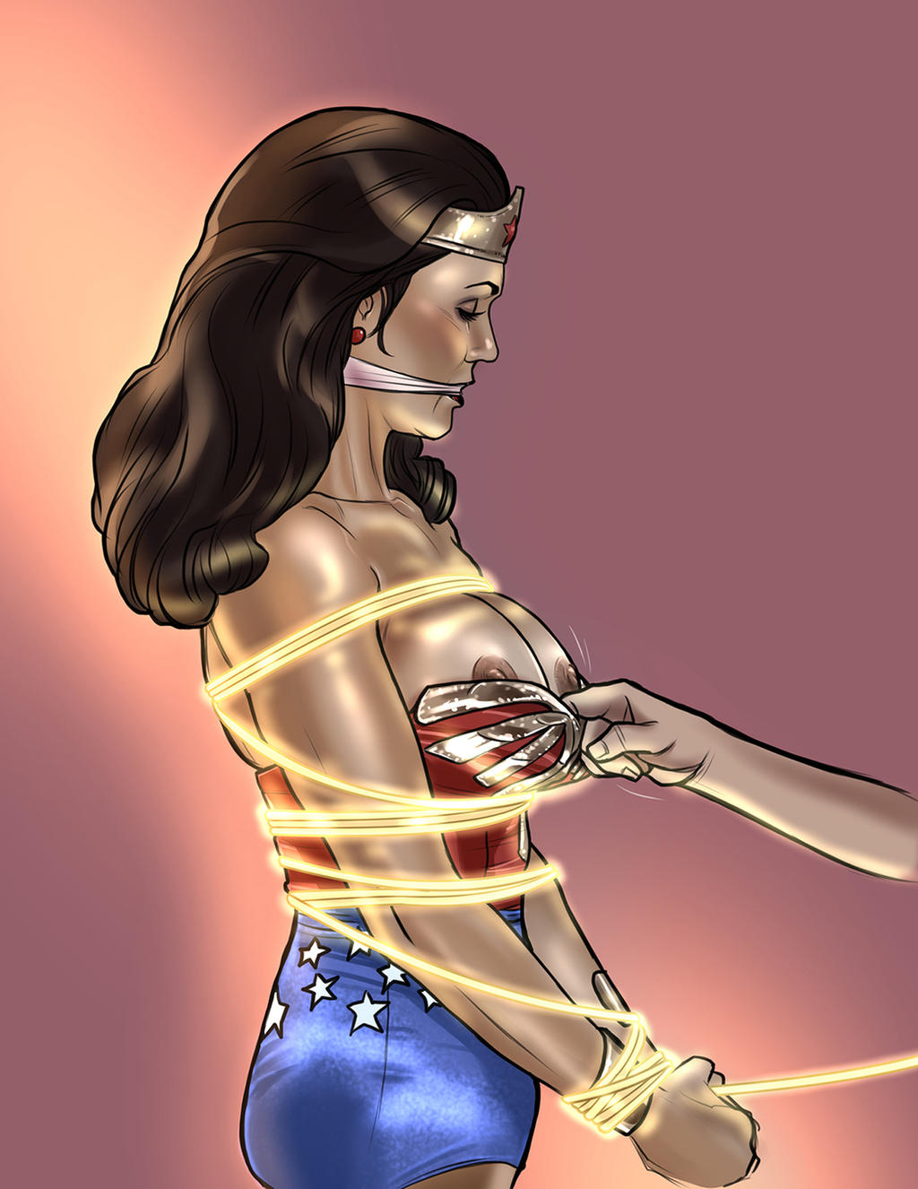 assisted_exposure boobs bound bound_and_gagged bound_arms bound_wrists breasts cleavage cleave_gag cloth_gag dc_comics defeated defeated_heroine earrings exposed_breasts exposed_nipples eyelashes frelncer gradient_background large_breasts lasso lasso_of_truth lynda_carter nipples simple_background tiara tits topwear_down topwear_pull wonder_woman wonder_woman_(series)