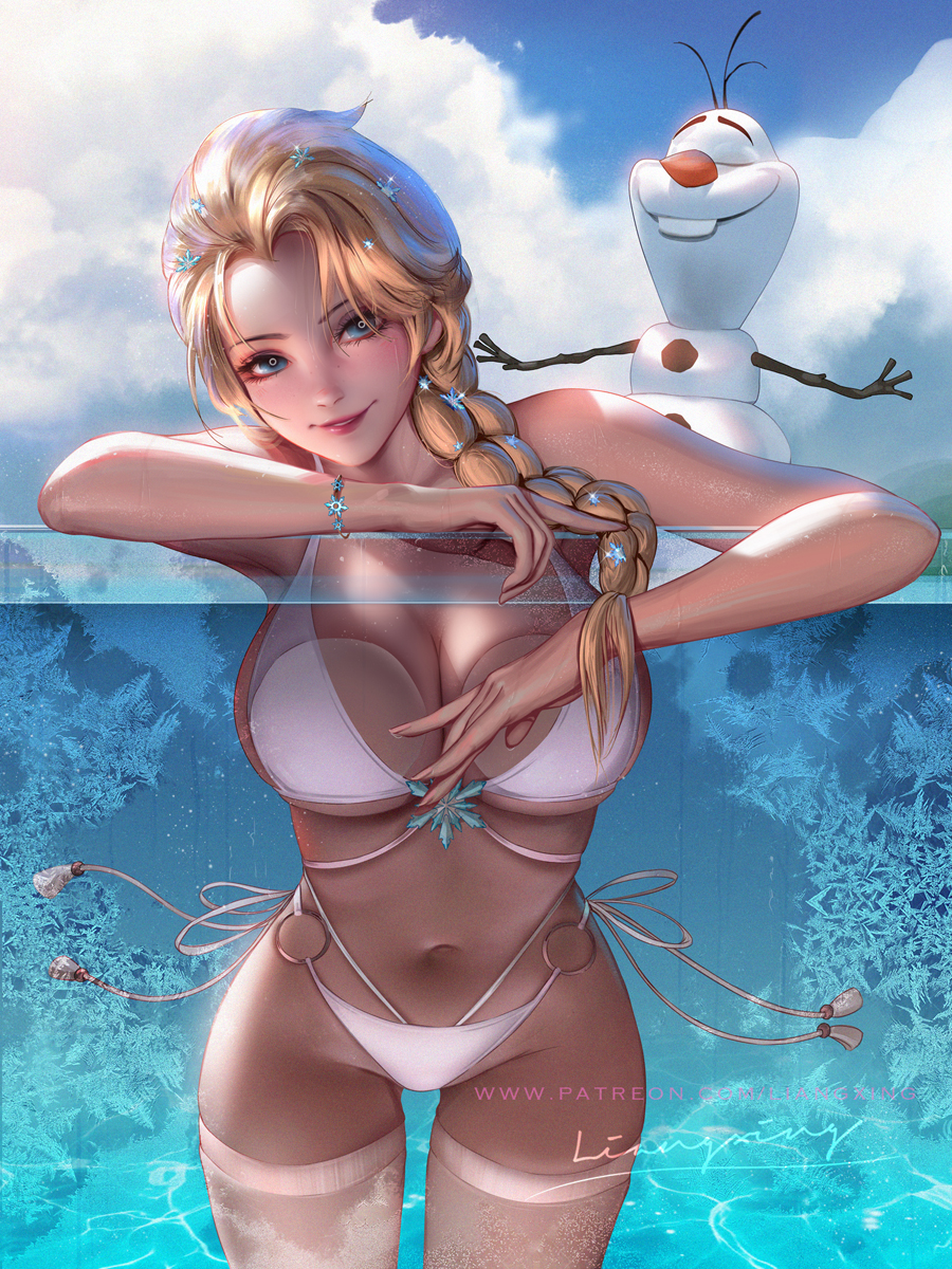 beach, bikini, disney, disney princess, elsa (frozen), female, frozen (film), frozen 2, large breasts, liang xing, olaf (frozen), pool, signature, swimsuit, text, water