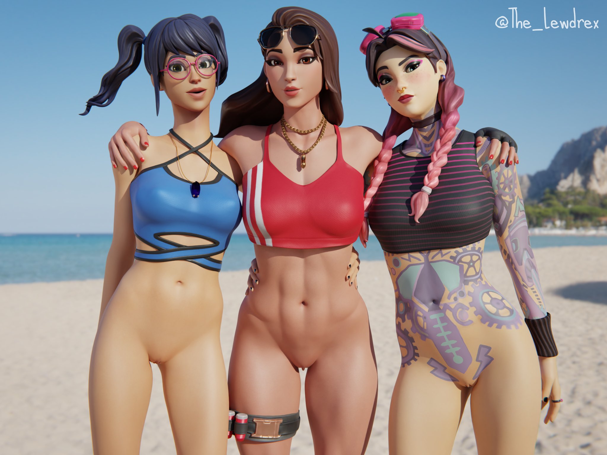 3d, 3girls, abs, alternate version available, areolae, arms around partner, athletic, athletic female, beach, beach jules, blender, blurry, blurry background, boardwalk ruby (fortnite), bottomless, braid, braided hair, braided ponytail, breasts, brown hair, clothed, clothing, crystal (fortnite), detailed background, ear piercing, earrings, epic games, eye contact, female, female focus, female only, fortnite, glasses, glasses on head, goggles, goggles on head, half naked, half-dressed, headwear, highres, jules (fortnite), lewdrex, light skin, light-skinned female, looking at viewer, medium breasts, multicolored hair, necklace, nipple piercing, nipples, outdoors, outside, partially clothed, pierced nipples, piercing, piercings, pink hair, ponytail, ponytails, pose, posing, presenting, presenting pussy, pussy, pussy lips, pussy peek, ruby (fortnite), sand, scuba crystal (fortnite), shirt, standing, sunglasses, sunglasses on head, tank top, tattoo, tattoos, tattoos everywhere, topwear, trio, twintails, two-tone hair, vagina, watermark, whistle, whistle around neck