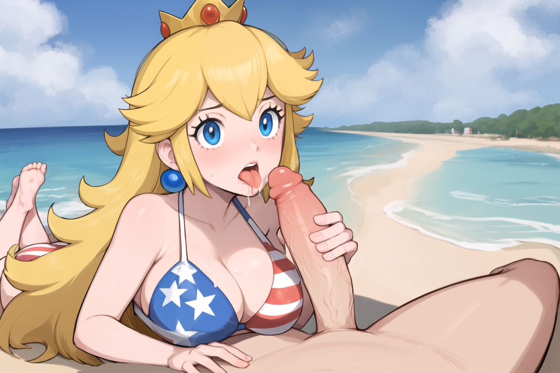 1girls, ai generated, american flag bikini, beach, big breasts, big penis, bikini, blue eyes, breasts, cleavage, female, holding penis, looking at viewer, lying, male, mario (series), nintendo, oral, oral sex, penis, pov, princess peach, saliva, self upload, sex, stable diffusion, tongue, tongue out