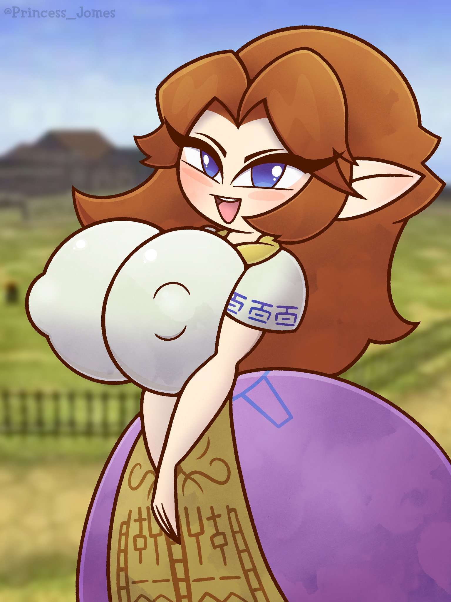 big breasts, blue eyes, breasts, clothed, female, female only, huge breasts, looking at viewer, malon, nipples visible through clothing, no bra, ocarina of time, princess jomes, red hair, the legend of zelda