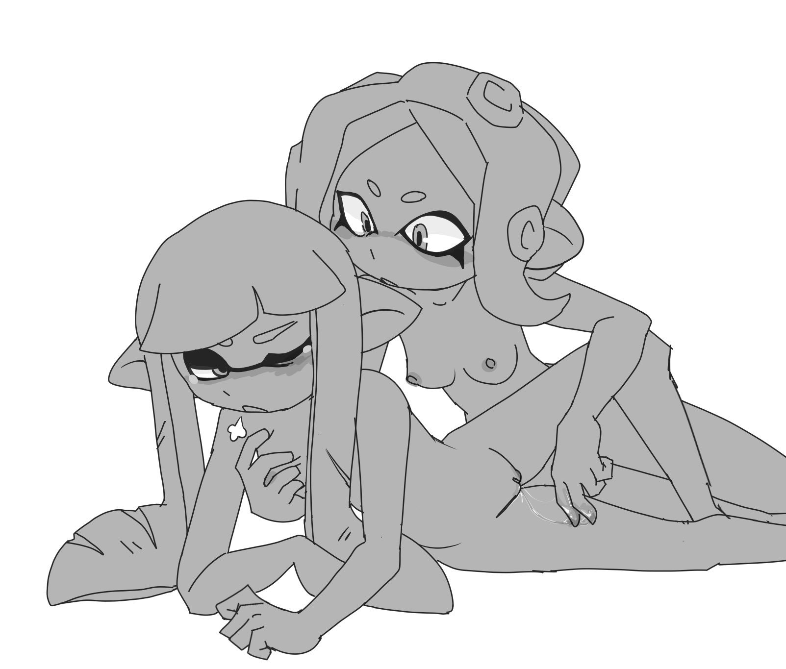 2girls, after orgasm, agent 3 (splatoon), agent 8 (splatoon), black and white, blush, breast grab, breasts, completely nude, couple, duo, female, female only, fingering, inkling, inkling girl, long hair, looking at partner, medium hair, nipples, nude, nude female, octoling, octoling girl, panting, pussy, pussy juice, splatoon, tears, yuri