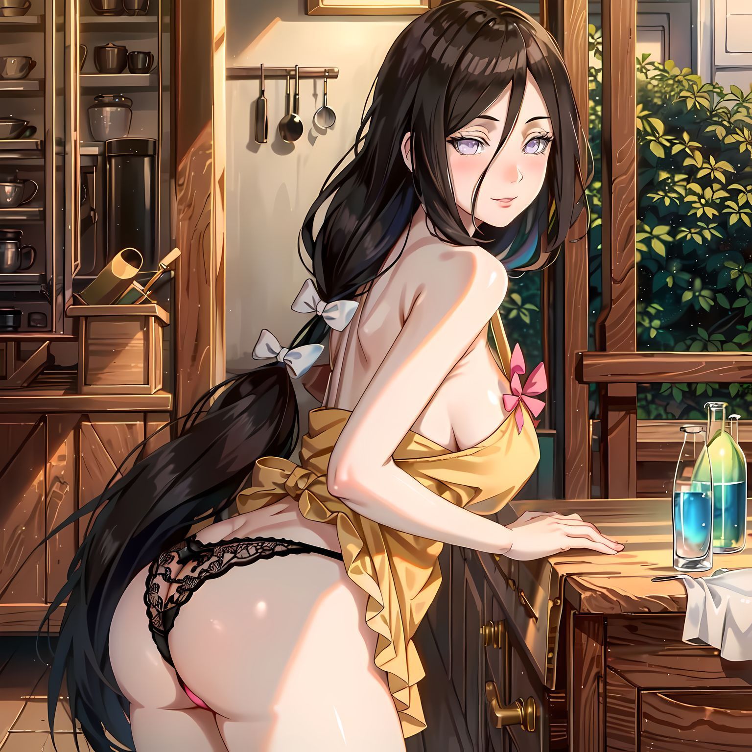 1girls, ai generated, apron, apron only, ass, backless panties, bare back, bare legs, bare shoulders, barely clothed, big ass, big breasts, blush, boruto: naruto next generations, breasts, brown hair, female, female only, from behind, functionally nude, hair ornament, hyuuga hanabi, indoors, kitchen, lavender eyes, legs together, long hair, mostly nude, nai diffusion, naked apron, naruto, naruto (series), no bra, panties, petite, ribbons, side view, sideboob, smile, solo, solo focus, stable diffusion, thick thighs, very long hair, voluptuous