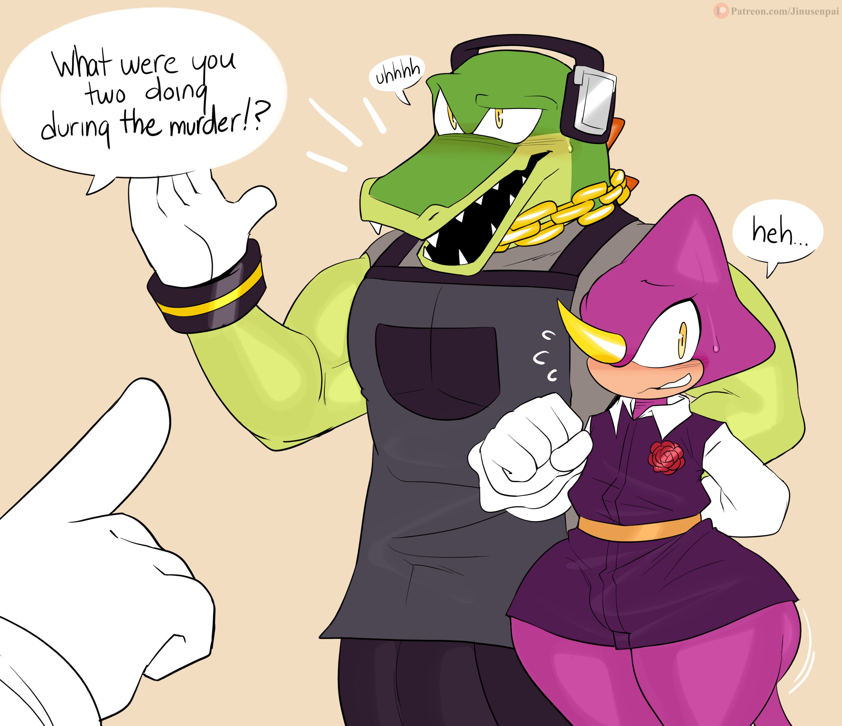 2boys, anthro, clothing, espio the chameleon, femboy, jinu, male, male only, nervous, nervous smile, sega, sonic (series), sonic the hedgehog (series), the murder of sonic the hedgehog, thick thighs, thighs, vector the crocodile, wide hips