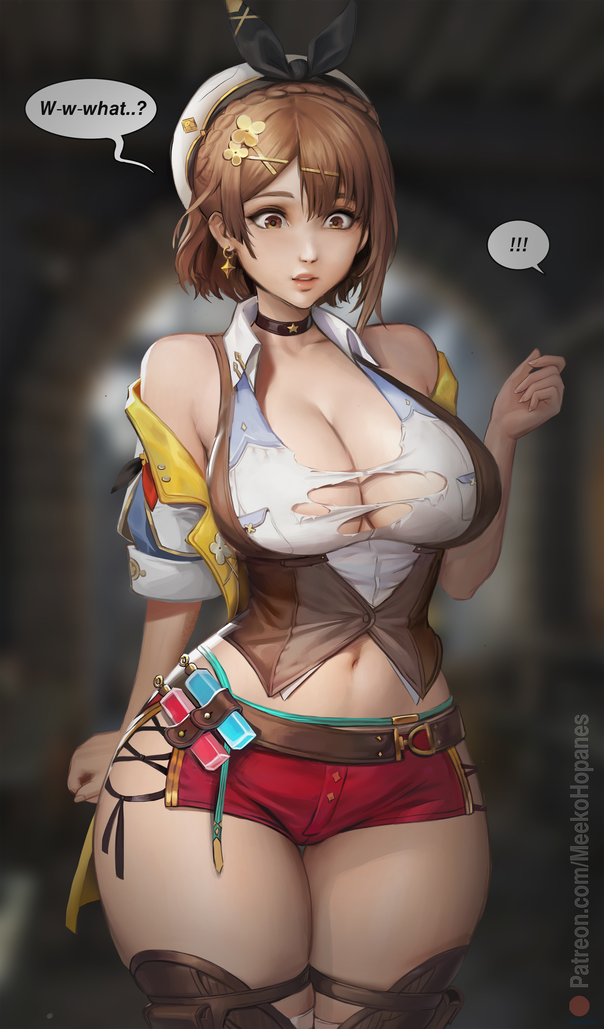 1girls, absurd res, alternate version available, atelier (series), atelier ryza, breast expansion, breast growth, breast growth (enlargement), breasts, choker, cleavage, curvaceous, curvy female, curvy figure, english text, female, female focus, female only, huge breasts, meekohopanes, reisalin stout, speech bubble, surprised, torn clothes, torn shirt, voluptuous, voluptuous female