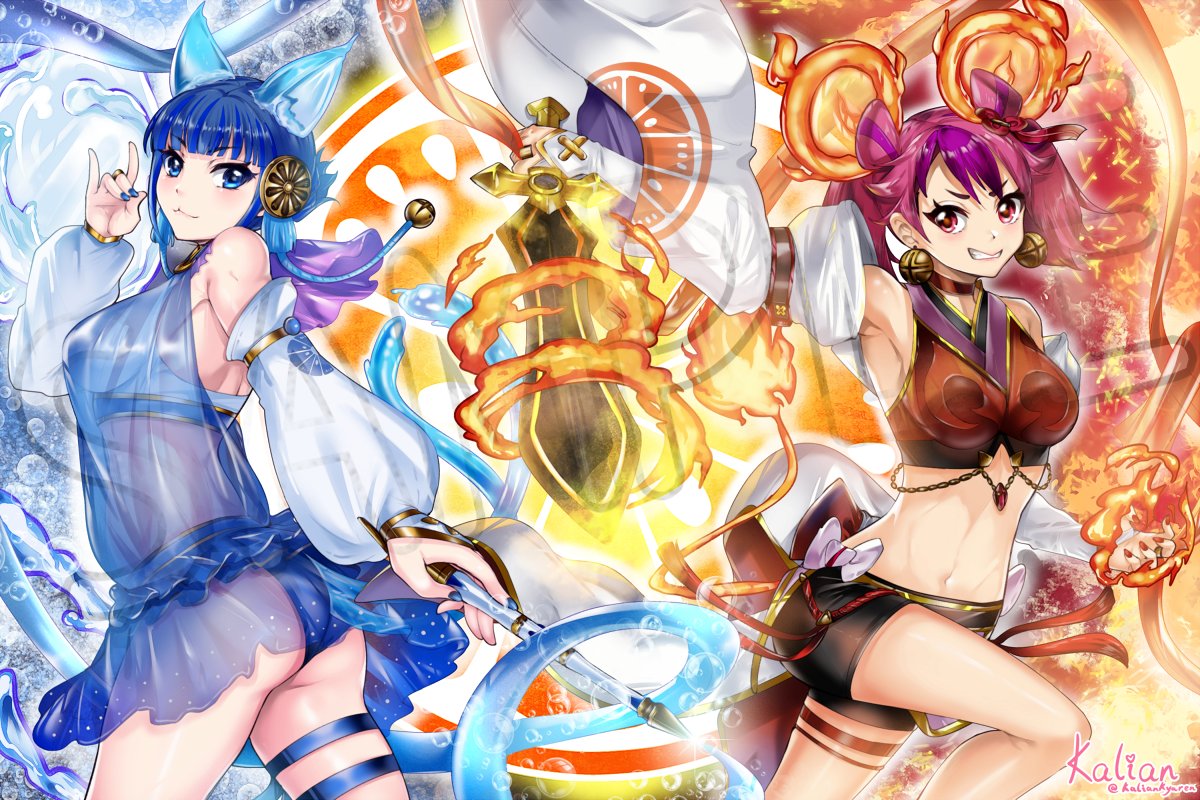 2girls ass blue_hair breasts duel_monster female ha-re_the_sword_mikanko japanese_clothes japanese_mythology miko ni-ni_the_mirror_mikanko nini_the_mirror_mikanko red_hair translucent_clothing yu-gi-oh!