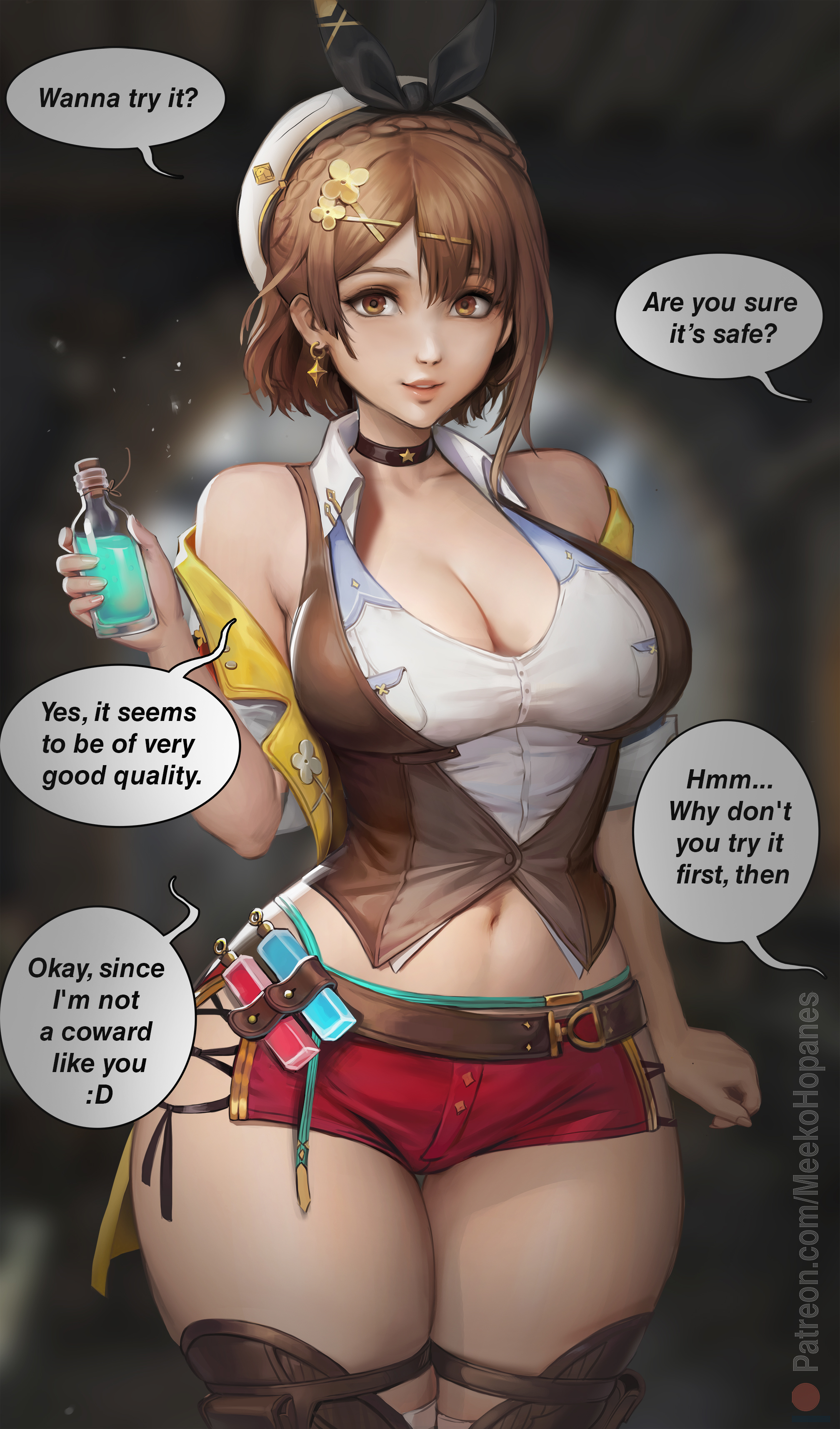 1girls, absurd res, atelier (series), atelier ryza, breasts, curvaceous, curvy body, curvy female, curvy figure, english text, female, female focus, female only, huge breasts, meekohopanes, reisalin stout, speech bubble, voluptuous, voluptuous female