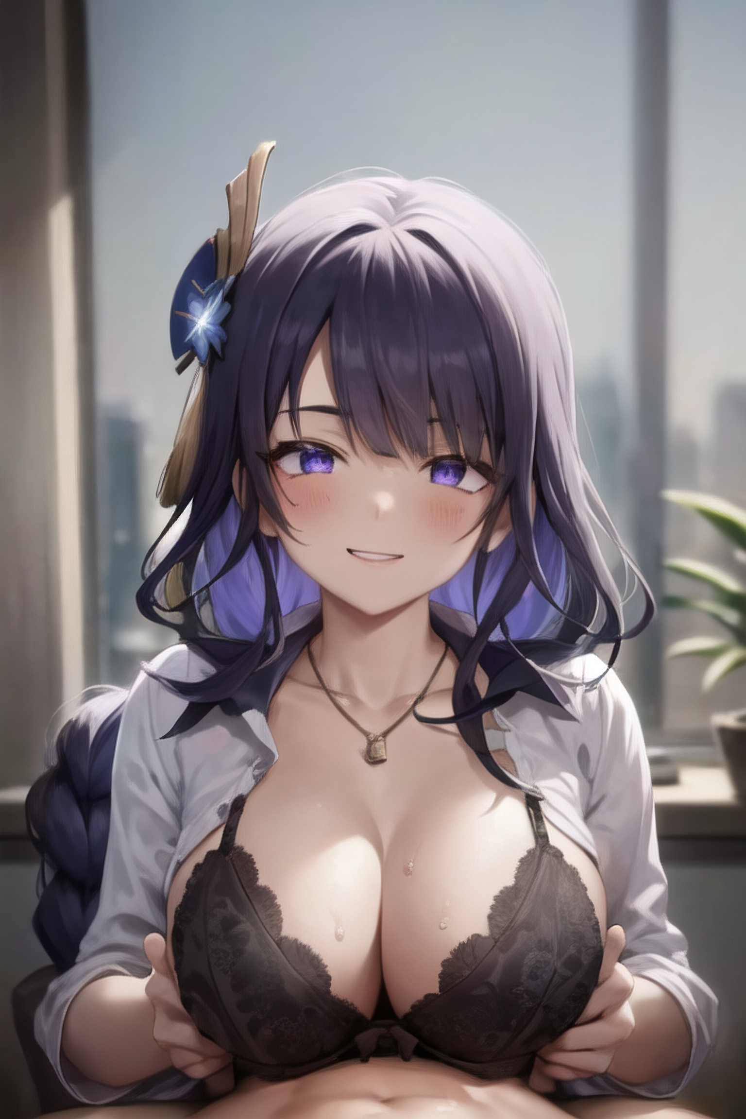 1boy, 1girls, ai generated, blazer, bra, breasts, city, cleavage, female, genshin impact, hair ornament, hand on breast, jacket, large breasts, looking at viewer, male, mihoyo, necklace, office lady, open clothes, open jacket, paizuri, ponytail, purple eyes, purple hair, raiden shogun, short hair, smile, straight, sweat, window, workplace