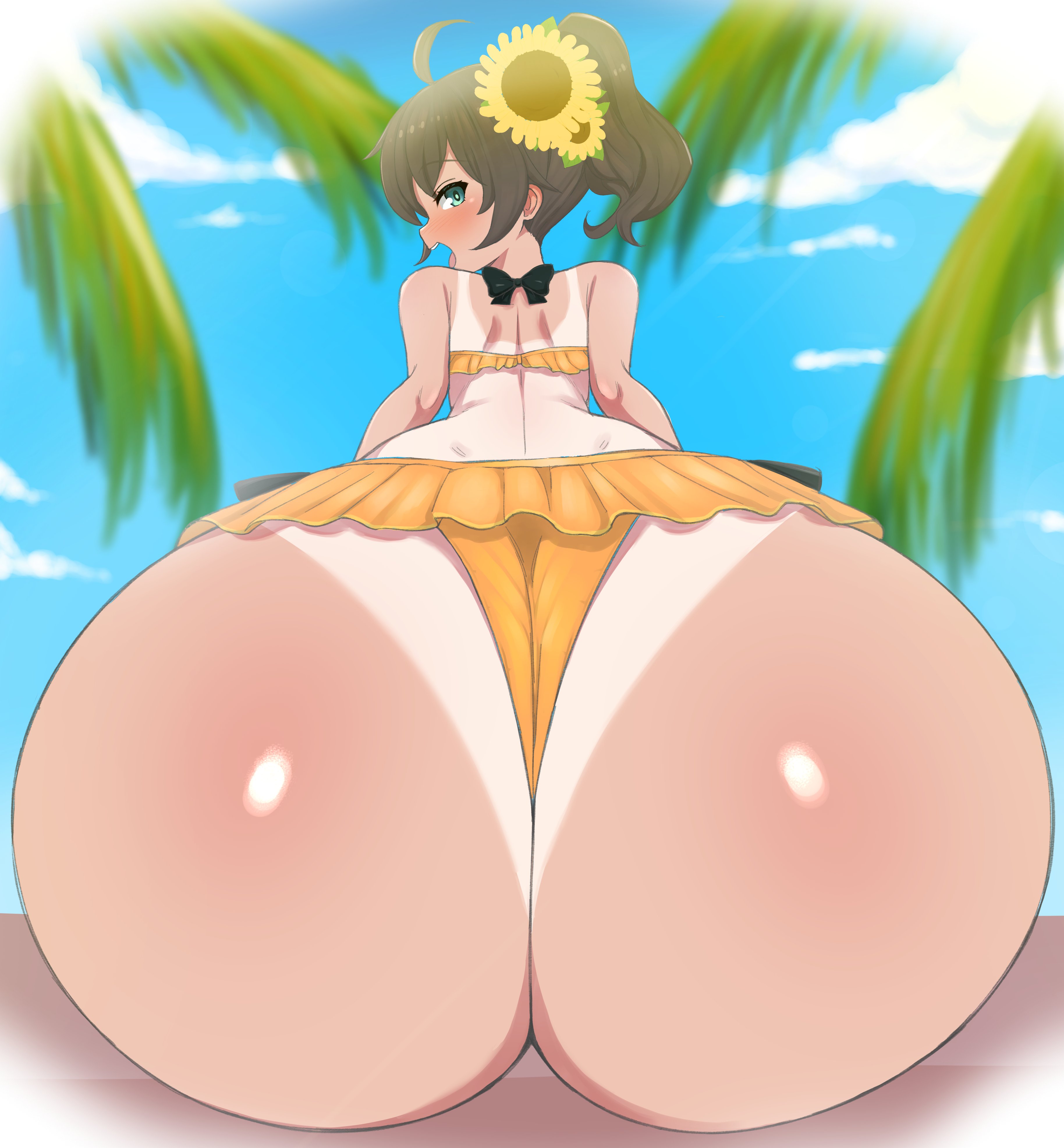 1girls, absurd res, ahoge, ass, ass focus, big ass, blue sky, blush, brown hair, clouds, commission, excited, female, female only, flower in hair, from behind, gigantic ass, gigantic butt, green eyes, hair ornament, highres, hololive, hololive gen 1, hololive japan, huge ass, huge butt, human, human only, looking at viewer, looking back, natsuiro matsuri, open mouth, outdoors, outside, palm tree, ponytail, sitting, solo, solo female, solo focus, sunflower, swimsuit, swimwear, tan, tanline, thanuki, thanukiart, tight clothing, tree, virtual youtuber