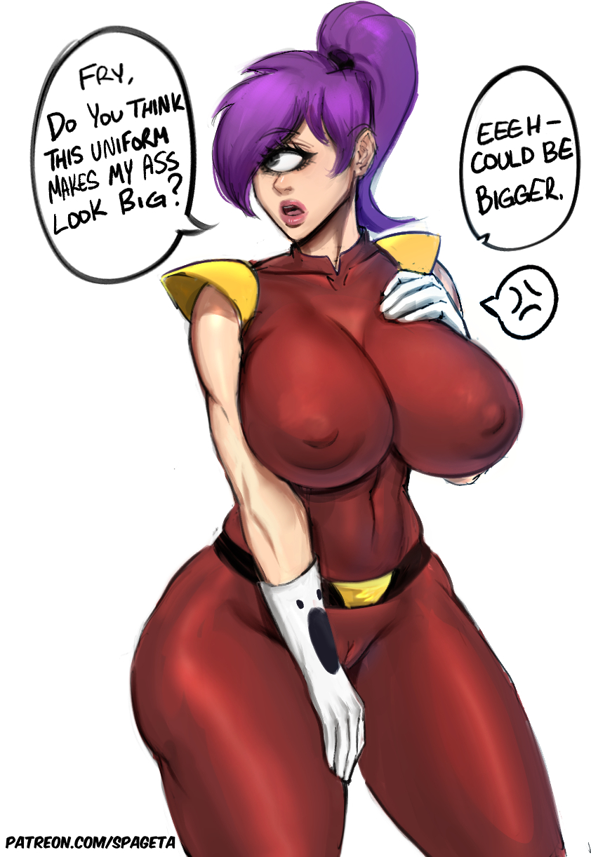 big breasts, breasts, cameltoe, female, futurama, gloves, nipple bulge, purple hair, pussy, skin tight, spageta, text, turanga leela, uniform, wide hips