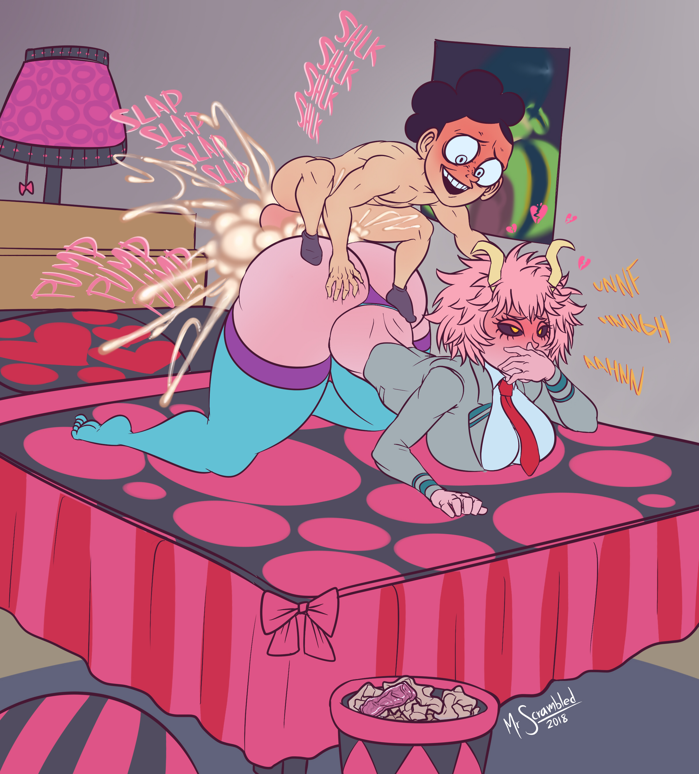 ashido mina, balls, big balls, big breasts, big penis, breasts, cum, cum in pussy, cum inside, excessive cum, female, huge breasts, huge cock, large balls, large breasts, large penis, male, mina ashido, mineta minoru, minoru mineta, mrscrambled, my hero academia, nasty, penis, perching position, pussy, sex, size difference, small but hung, small dom big sub