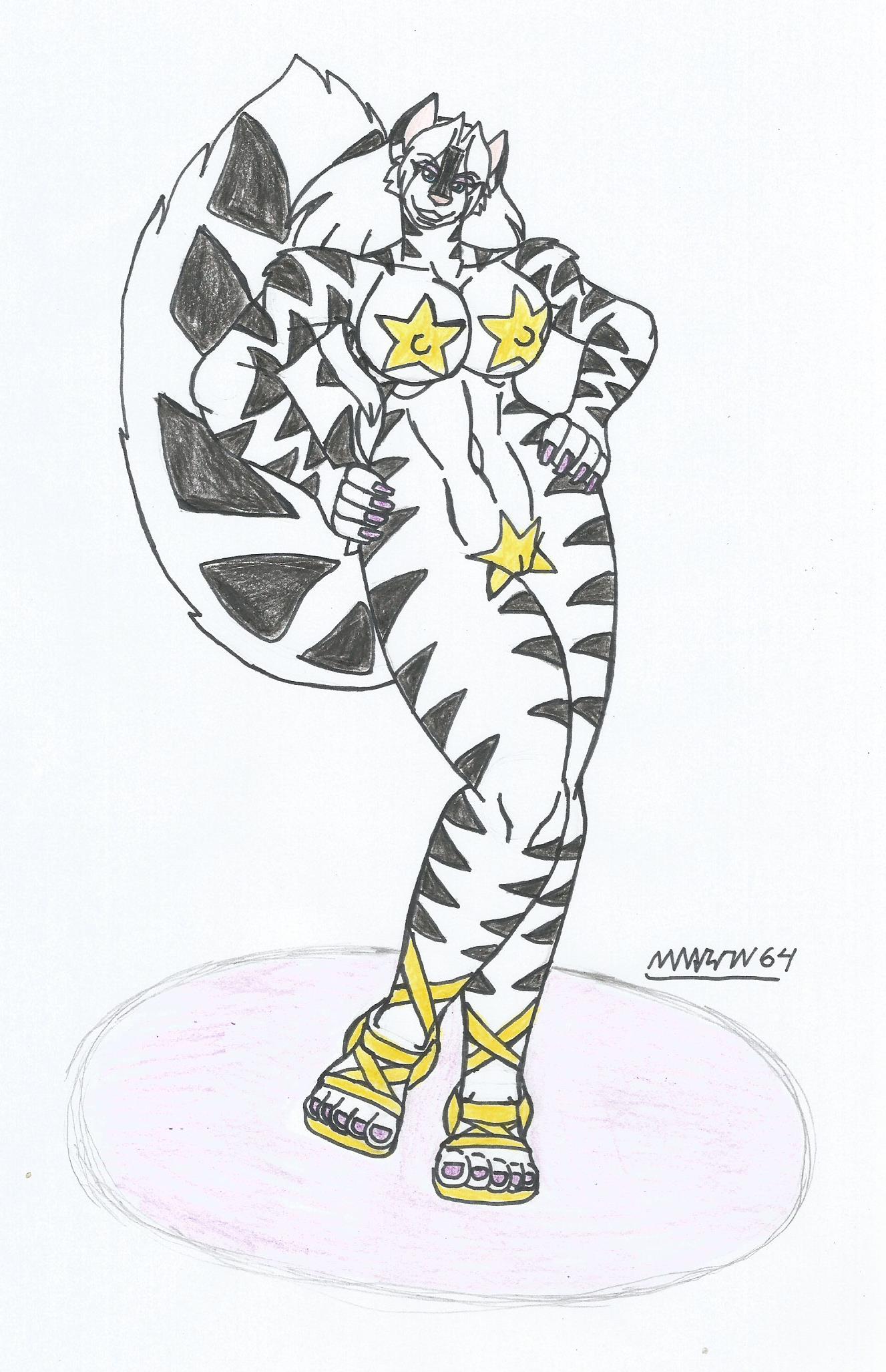 anthro big_breasts big_hips female furry hi_res high_heels marlon64 max_blackrabbit nipples_covered nude_female pussy_covered skunk_girl star_(symbol) zig_zag