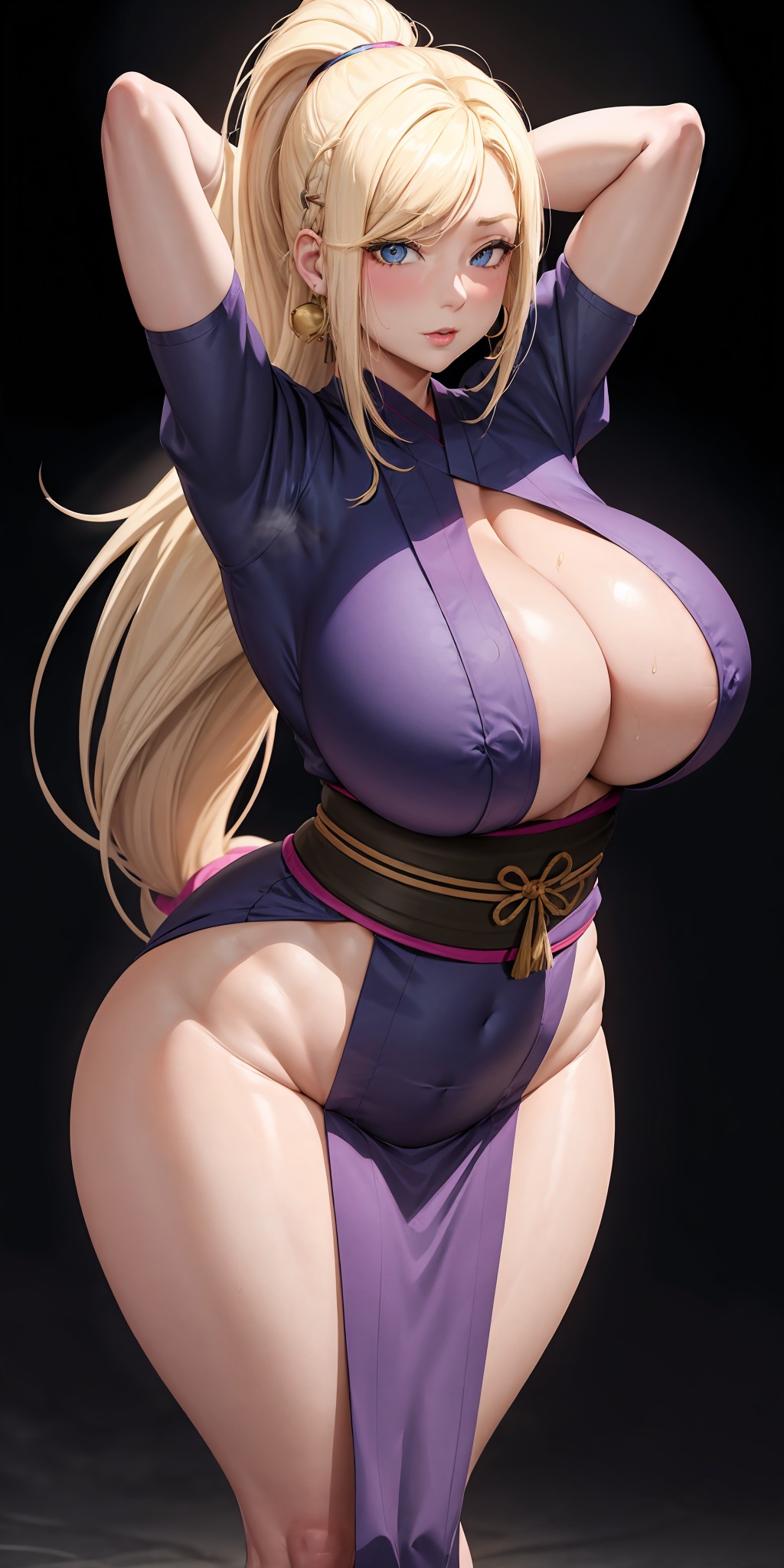 1girls, ai generated, big breasts, blonde hair, blue eyes, breasts, curvy, curvy female, curvy figure, female, hand behind head, hourglass figure, ino yamanaka, kimono, large breasts, light skin, light-skinned female, long hair, looking at viewer, naruto, naruto (series), naruto shippuden, pale skin, pale-skinned female, ponytail, solo, solo female, stable diffusion, tagme, thick thighs, thighs, yamanaka ino, yodayo