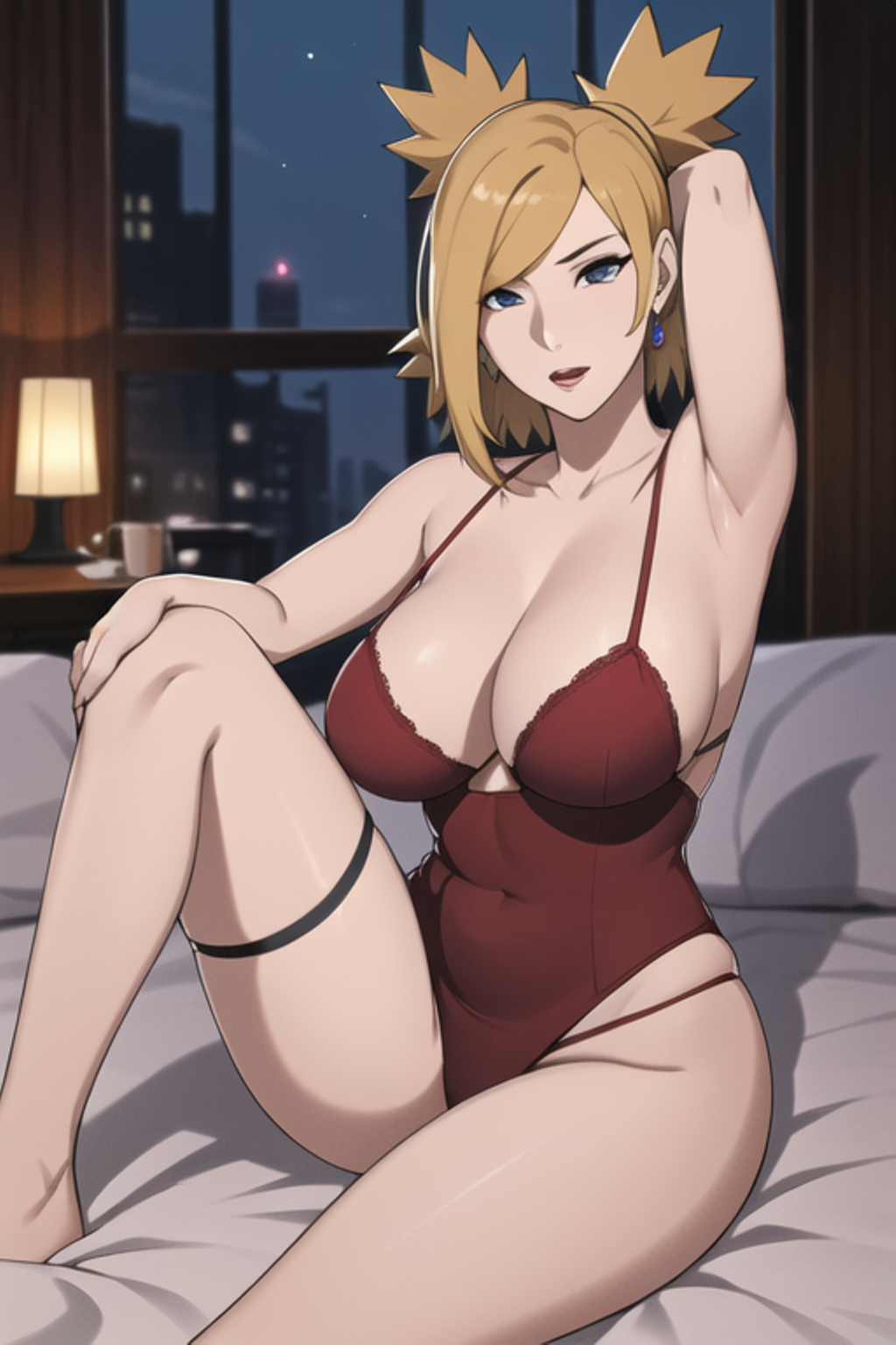 1girls ai_generated arm_behind_head arm_up bare_legs bare_shoulders barefoot bedroom big_breasts blonde_hair boruto:_naruto_next_generations breasts female female_only g-string huge_breasts indoors junonboy large_breasts leotard lingerie lipstick long_hair makeup mature mature_female mature_woman milf nai_diffusion naruto naruto_(series) no_bra one_arm_up ponytail quad_tails revealing_clothes sagging_breasts sitting sitting_on_bed skimpy skimpy_clothes spread_legs stable_diffusion temari tight_clothing voluptuous voluptuous_female