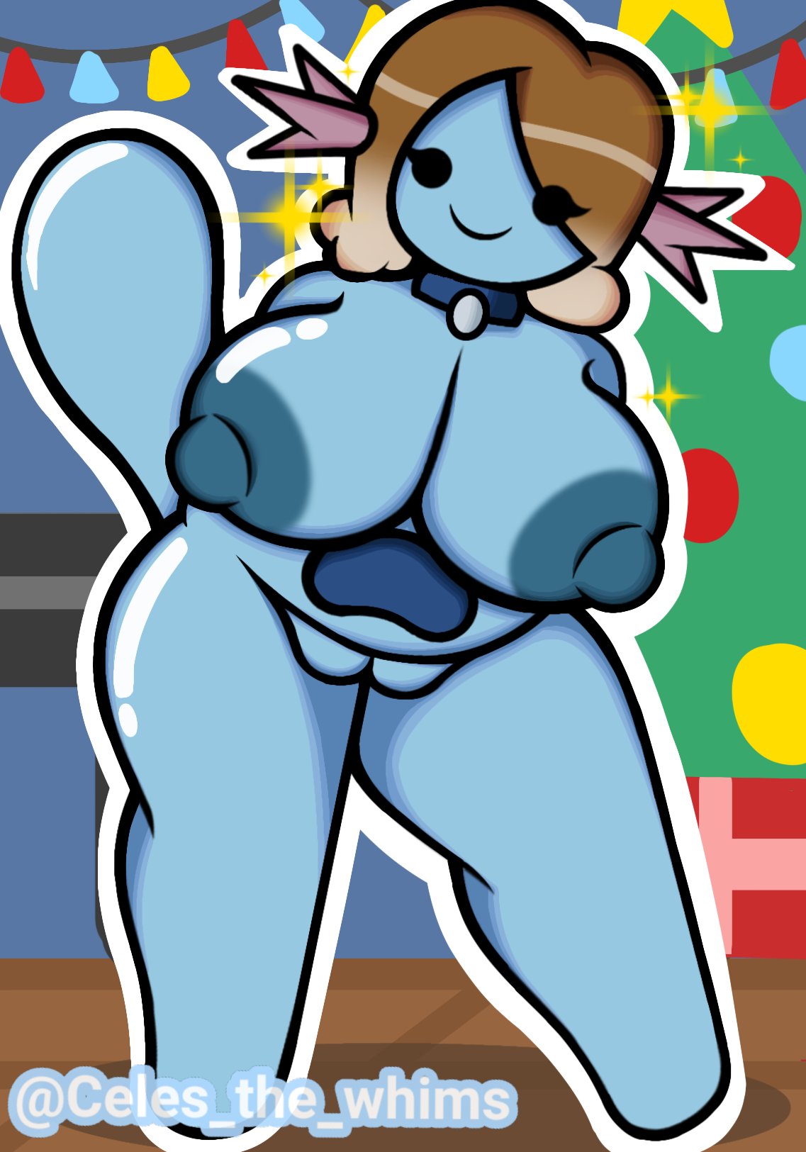 anthro armless big_breasts black_eyes blue_body breasts brown_hair christmas christmas_tree collar collar_only female gard_girl generation_2_pokemon genitals gift hair hi_res holidays nintendo nude plant pokemon pokemon_(species) pussy smile solo tail tree whitley_(bunbun_maria) wooper