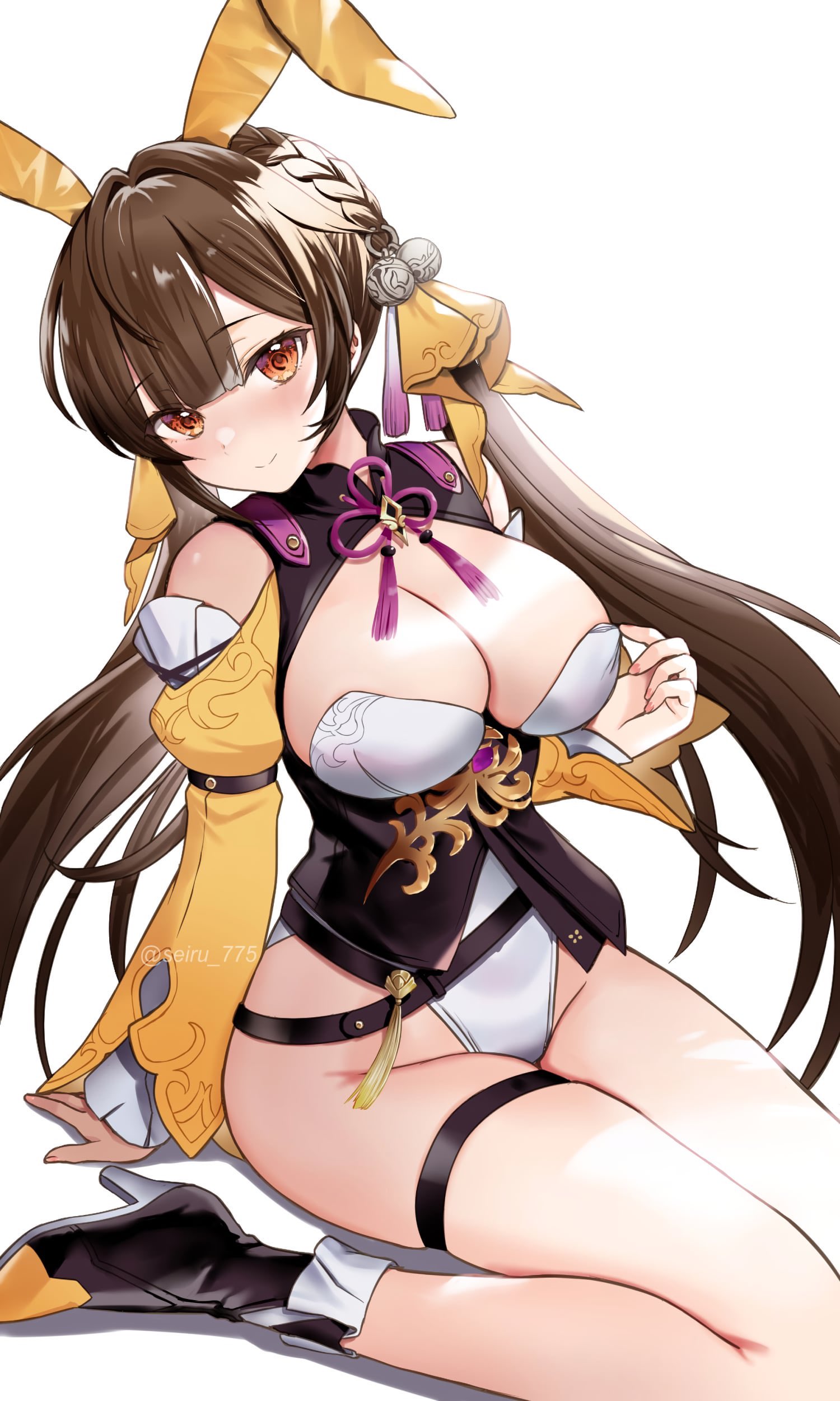1girls, ass, big ass, big breasts, black clothing, blush, breasts, brown eyes, brown hair, bunny ears, female, high heel boots, high heels, honkai (series), honkai: star rail, looking at viewer, partially clothed, seiru 775, sitting, solo, sushang (honkai: star rail), thighs, yellow clothing