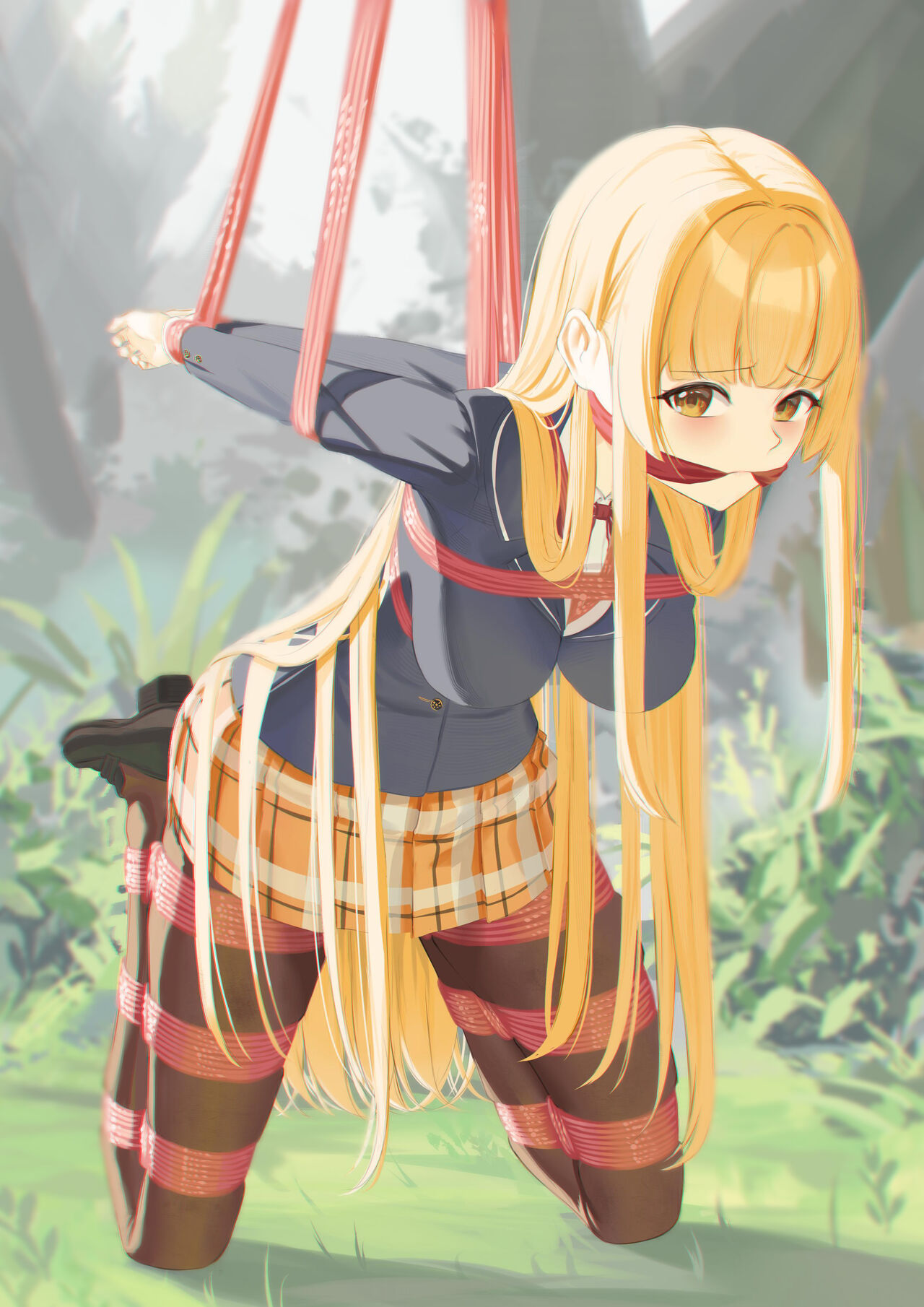 arms_behind_back big_breasts blonde_hair bondage brown_eyes cailin020 clothing forest forest_background gag legs_tied legwear long_hair otonari_no_tenshi-sama_ni_itsu_no_mani_ka_dame_ningen_ni_sarete_ita_ken rope_bondage sad school_uniform schoolgirl schoolgirl_uniform shiina_mahiru shoes skirt tied tied_arms tied_up very_long_hair