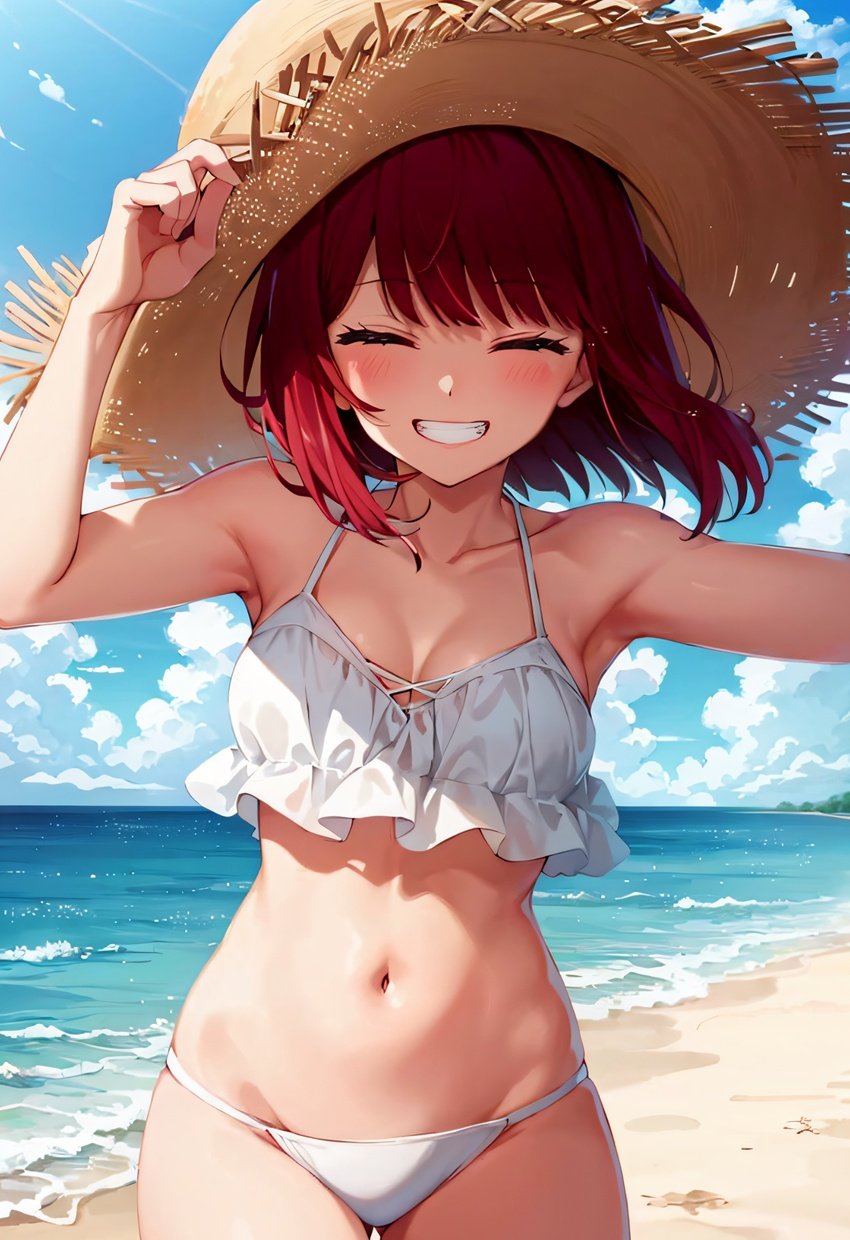 1girls, ai generated, arima kana, beach, belly button, bikini, breasts, cleavage, closed eyes, female, frills, happy, hat, human, looking at viewer, ocean, oshi no ko, red eyes, red hair, shoes, sky, smile, solo, stable diffusion, straw hat, wholesome