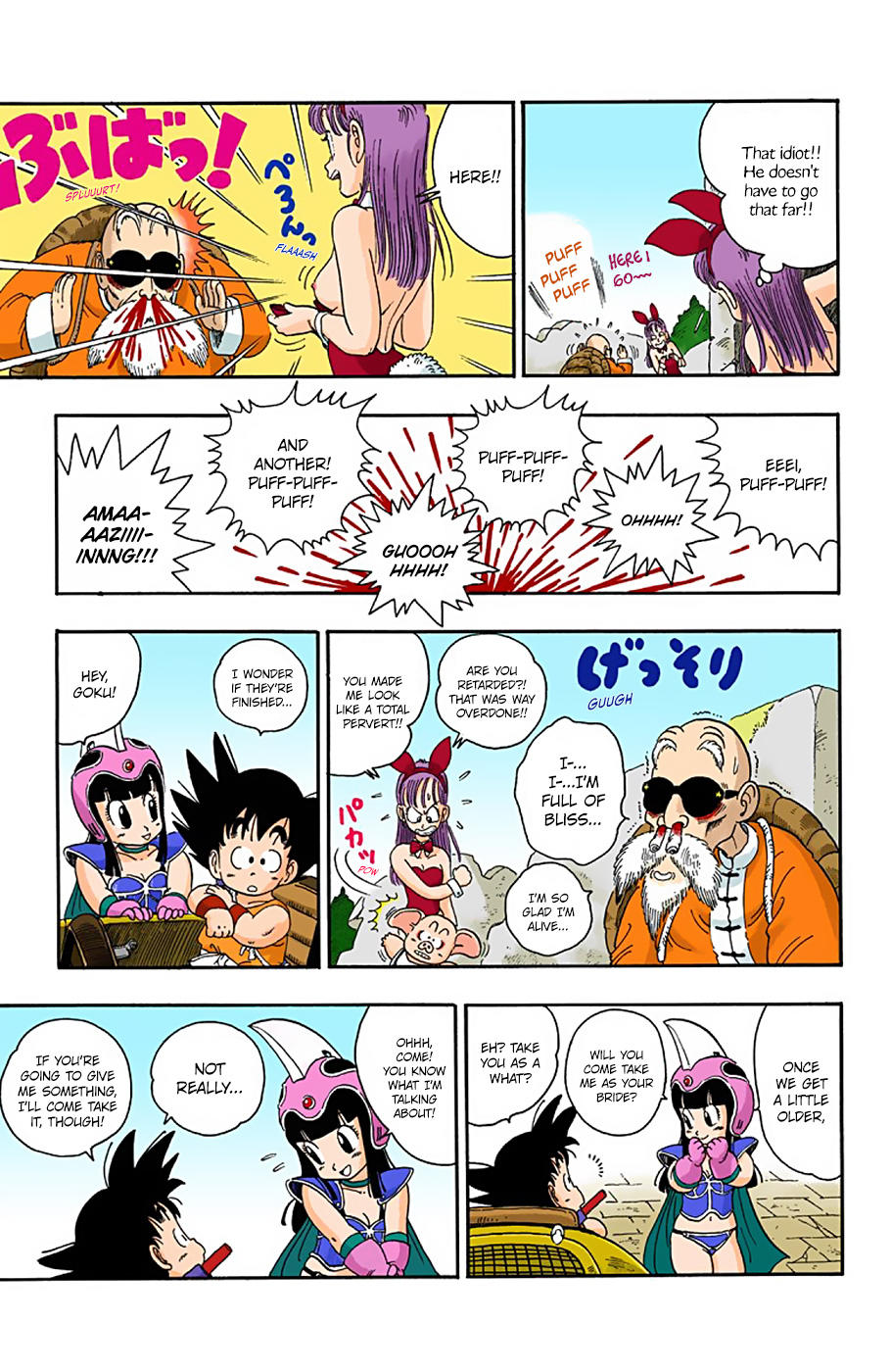 bare_breasts boobs breasts bulma_(bunny) bulma_briefs bunny_ears bunny_girl bunnysuit canonical_scene comic dialogue dragon_ball dragon_ball_(classic) dragon_ball_z english_text exposed_breasts flashing flashing_breasts full_color manga master_roshi nipples puff_puff showing_breasts tits toriyama_akira