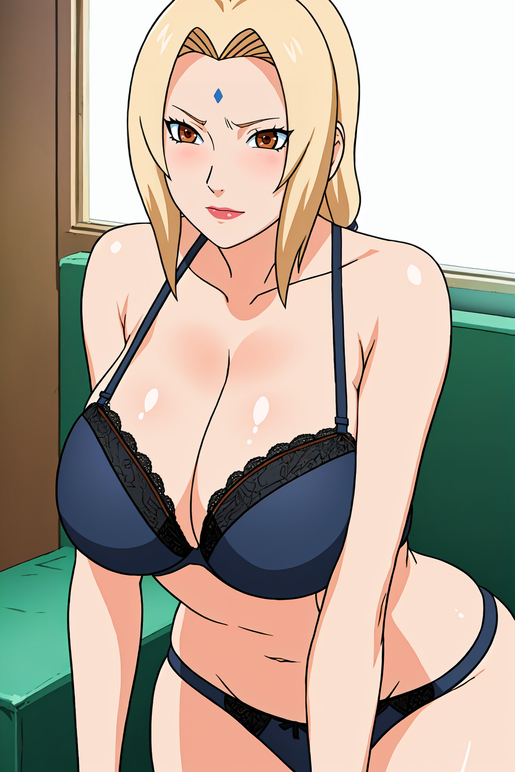1girls, ai generated, big breasts, blonde hair, bra, breasts, child bearing hips, collarbone, female, female focus, forehead mark, gilf, hourglass figure, huge breasts, large breasts, light skin, light-skinned female, lipstick, makeup, mature, mature female, milf, nai diffusion, naruto, naruto (series), naruto shippuden, oppai, panties, sensualsketcher, smile, solo, solo focus, stable diffusion, tsunade, underwear, voluptuous, voluptuous female
