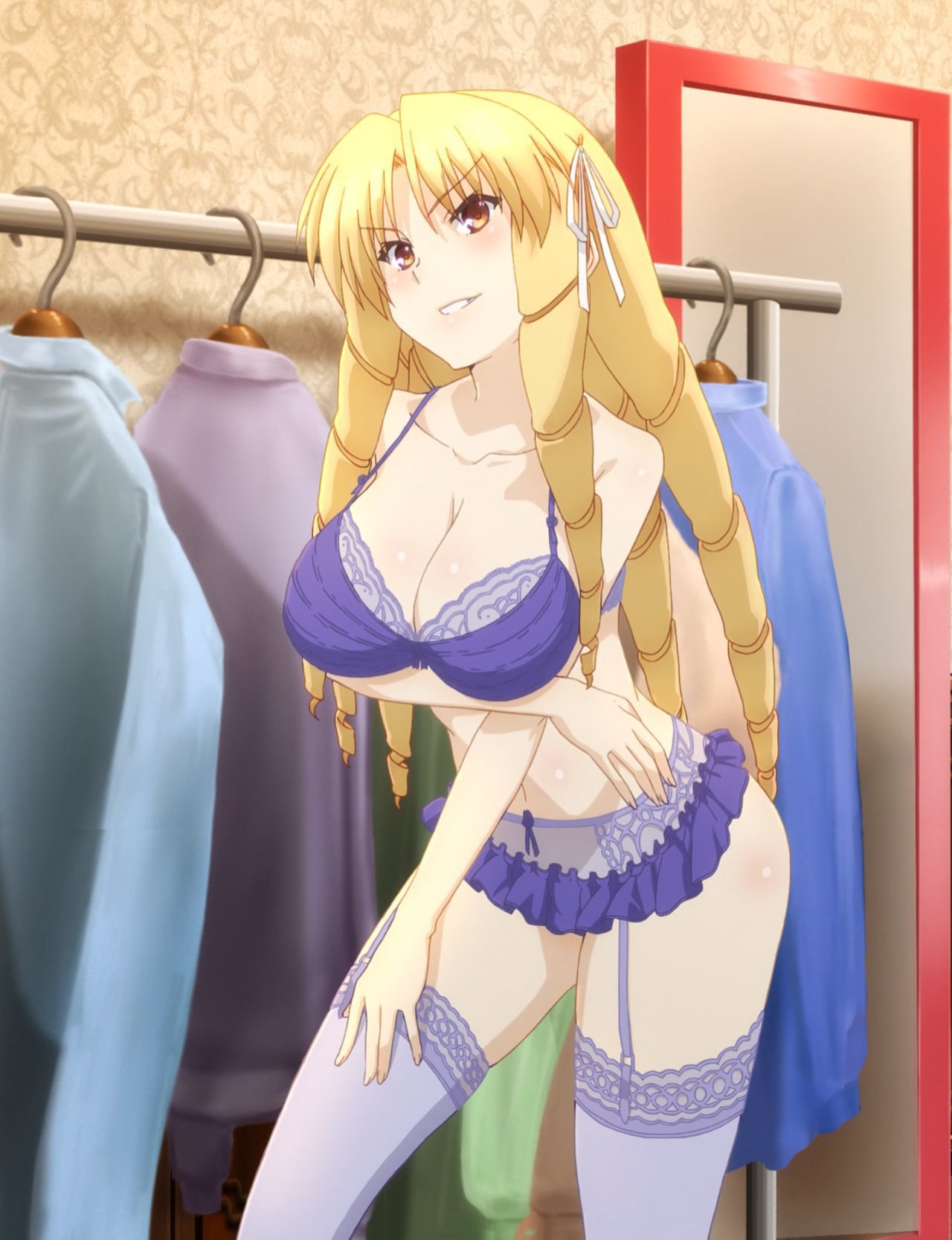 1girls accurate_art_style arm_under_breasts big_breasts blonde_hair bra breast_hold breasts busty cleavage confident drill_hair fate/kaleid_liner_prisma_illya fate_(series) female female_only garter_straps hand_on_leg hand_on_own_leg hand_on_own_thigh hand_on_thigh large_breasts leaning_forward long_hair looking_at_viewer luviagelita_edelfelt navel official_art panties parted_lips pose posing seductive_smile sensual skirt smile solo stockings underwear voluptuous yellow_eyes