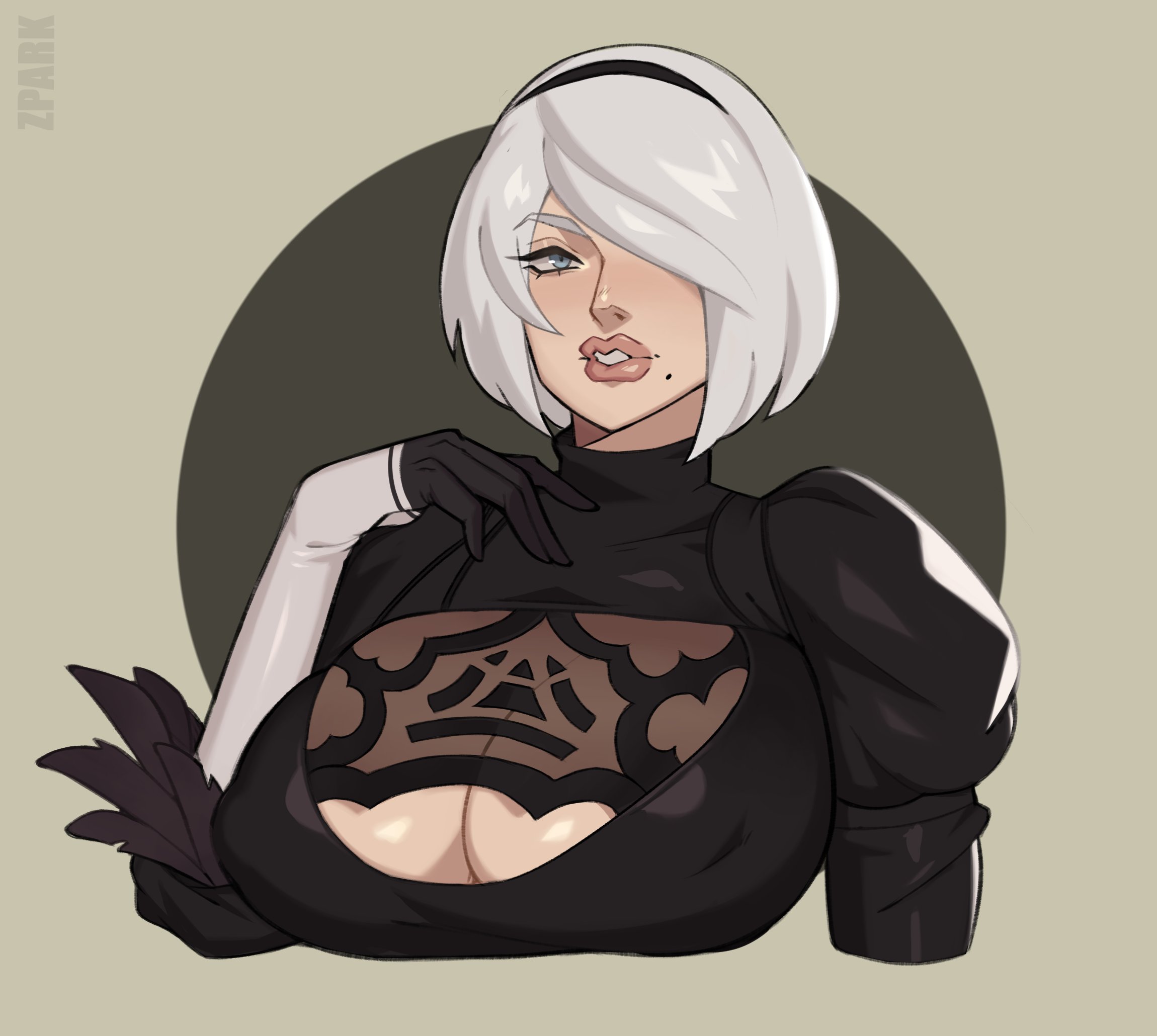 1girls, android, android girl, big breasts, big lips, black headband, boob window, breasts, cleavage, eyeliner, female, female only, gloves, headband, huge breasts, large breasts, light skin, light-skinned female, medium hair, mole under mouth, muscular, muscular female, nier, nier (series), nier: automata, nipples, nipples visible through clothing, robot, robot girl, solo, solo female, solo focus, video game character, video games, white hair, yorha 2b, zpark