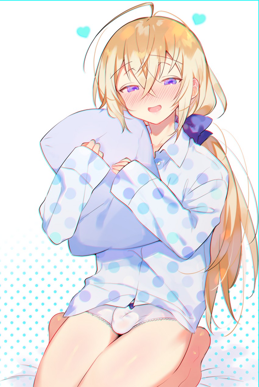 1boy absurdres ahoge blonde_hair blonde_hair_male blue_eyes blush bulge bulge_in_panties chromatic_aberration commentary crossed_bangs femboy girly girly_boy hair_between_eyes hair_ribbon heart hearts highres long_hair looking_at_viewer male male_focus male_only mama_(marui_shiro) marui_shiro mouth_open object_hug open_mouth original otoko_no_ko pajama_shirt pajamas panties pillow pillow_hug ribbon shirt smile solo solo_focus solo_male trap twink underwear yellow_hair