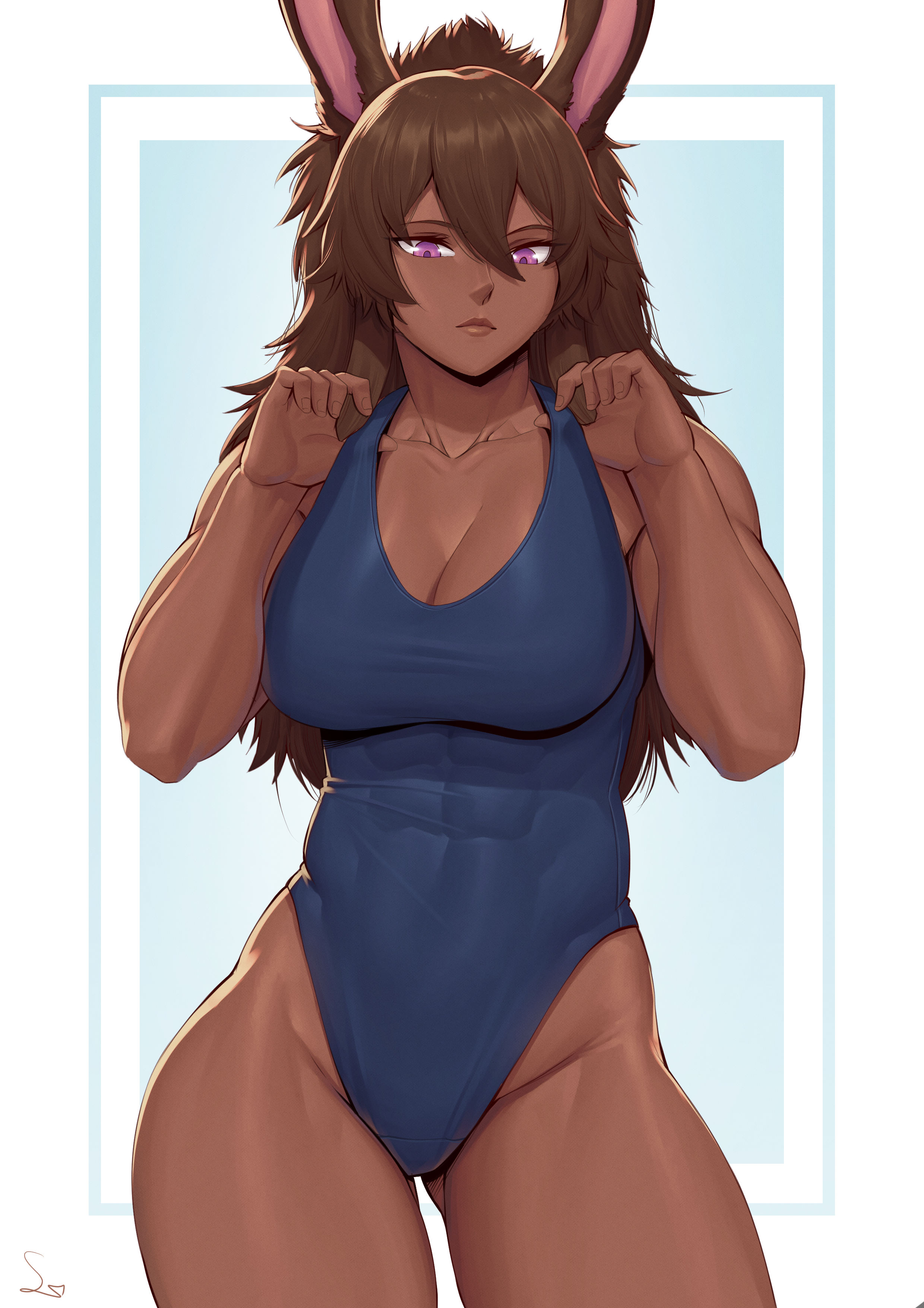 1girls, abs, abs visible through clothing, absurd res, breasts, brown hair, bunny ears, bunny girl, cleavage, commission, dark skin, dark-skinned female, female, hi res, large breasts, long hair, looking down, muscular, muscular female, one-piece swimsuit, original, original character, purple eyes, signature, solo, speedl00ver, thick thighs
