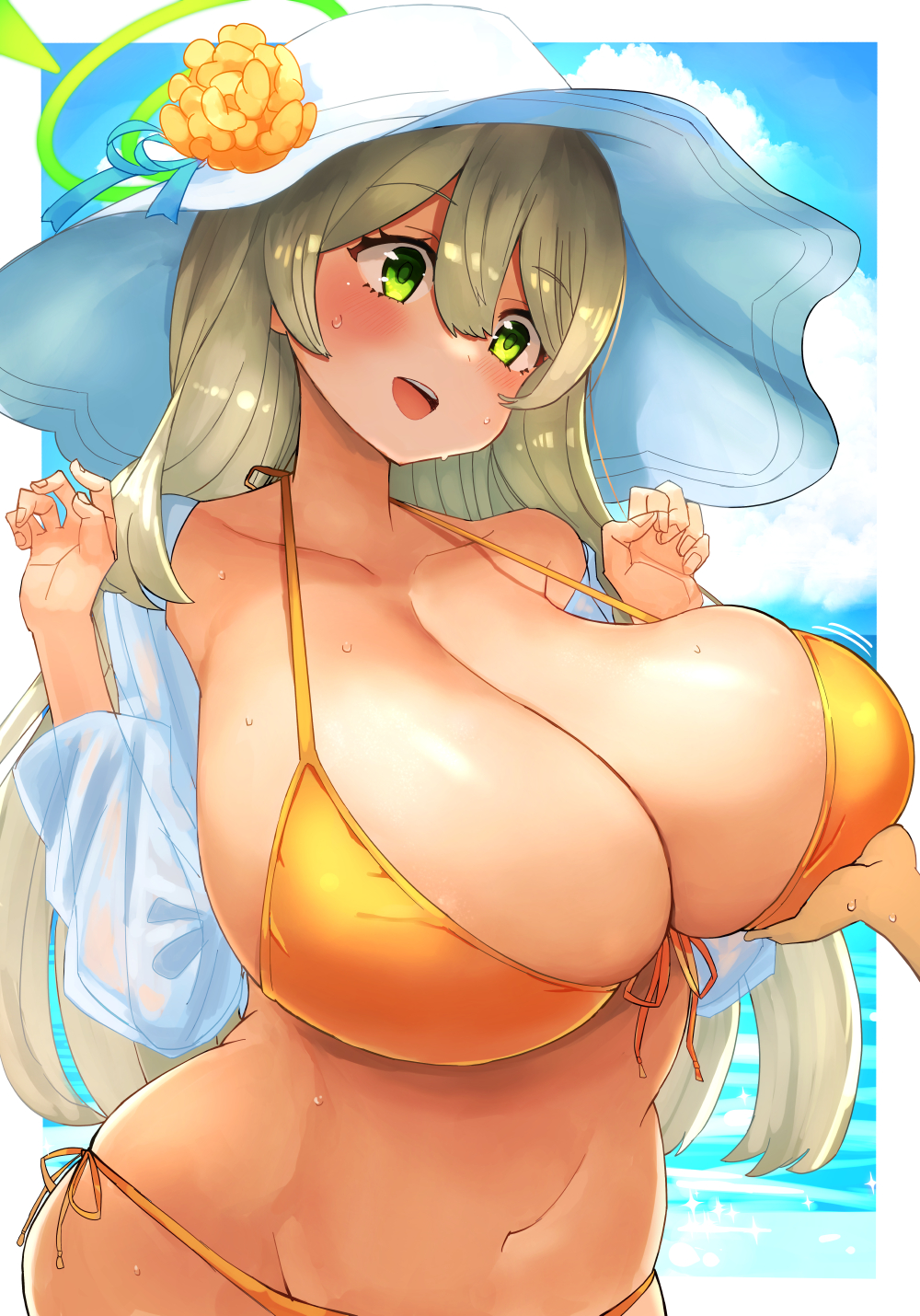 big_breasts blonde_hair breasts clavicle curvy curvy_female curvy_figure golden_bikini green_eyes hand_on_breast huge_breasts large_breasts long_hair narrow_shoulders sun_hat touching_breast wide_hips