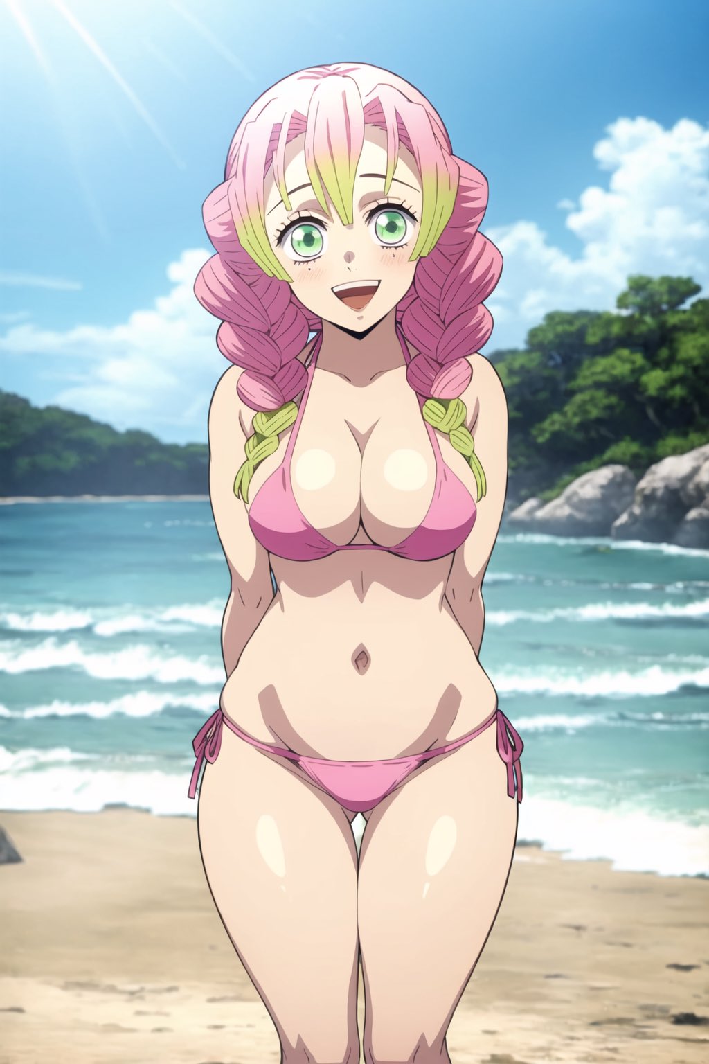 1girls, ai generated, beach, bikini, blushing, breasts, curvy, demon slayer, female, green eyes, happy, kanroji mitsuri, kimetsu no yaiba, large breasts, pelvic line, pink bikini, pink hair, smile, stable diffusion, standing, twin braids