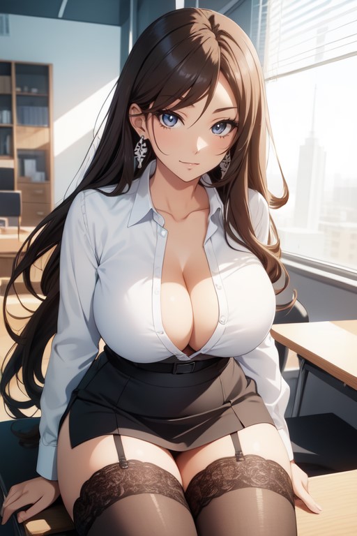 1girls, ai generated, black stockings, blue eyes, breasts, brown hair, classroom, cleavage, female, garter straps, hair, large breasts, long hair, mature female, milf, original, pencil skirt, sitting, skirt, solo, stable diffusion, stockings, teacher, thighhighs, thighs, white shirt
