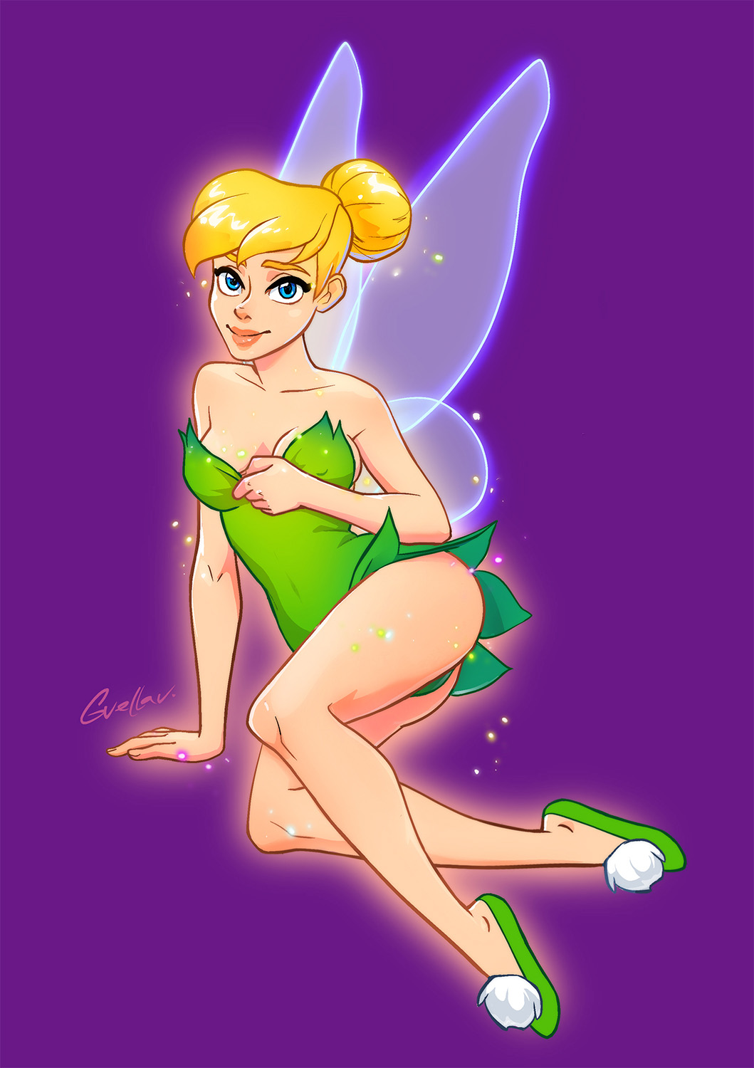 1girls alternate_version_available blonde_hair blue_eyes cleavage clothing dress fairy fairy_wings female female_only footwear full_body green_dress green_panties gvellav hair hair_bun legs lips panties peter_pan_(disney) short_dress solo solo_female thick_lips thighs tinker_bell wings