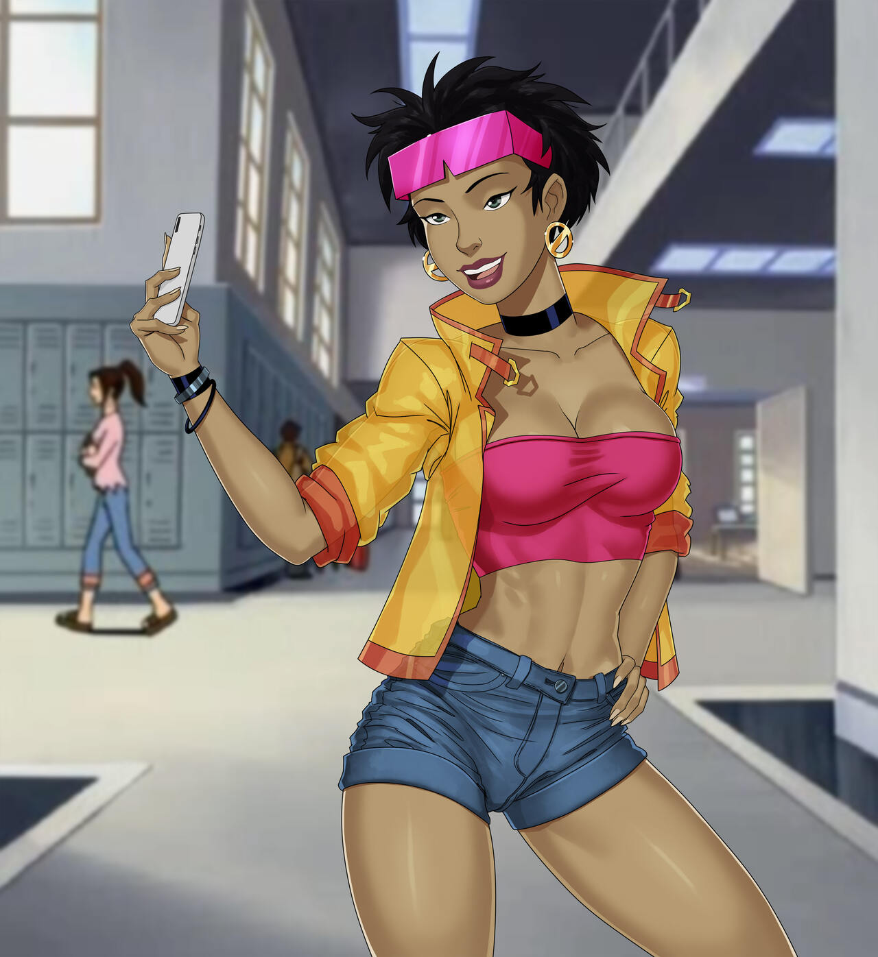 1girls, alternate version available, armband, asian female, bracelet, breasts, cellphone, character in background, choker, clothing, dark skin, denim shorts, earrings, electronics, eyewear, female, female focus, human, jacket, jubilation lee, jubilee, kitty pryde, marvel, marvel comics, neckwear, open jacket, outerwear, phone, public, selfie, shadowcat, shorts, solo, sunglasses, sunglasses on head, sunsetriders7, tubetop, wristwear, x-men, x-men evolution