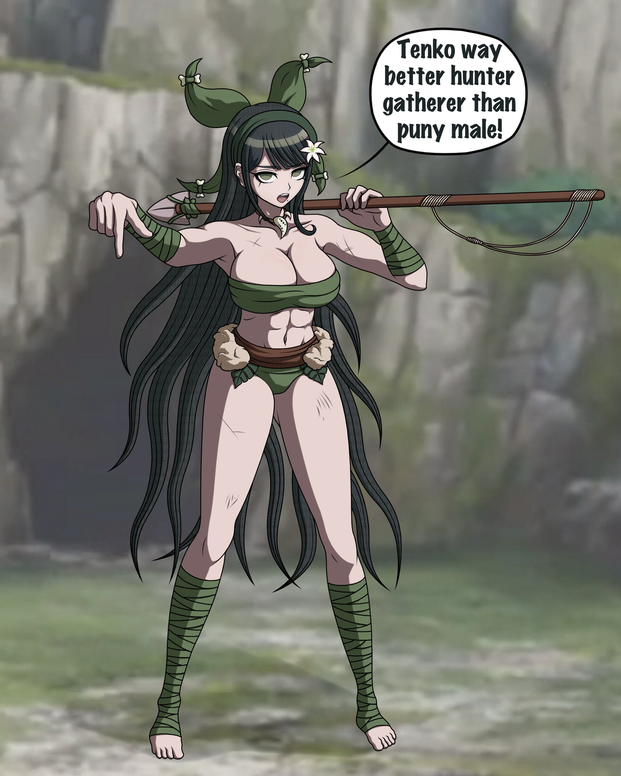accurate art style, cavewoman, chabashira tenko, cheeeeeeeeeeeeen, color, danganronpa, danganronpa v3, english text, female, female only, illeism, intelligence loss, official style, skimpy clothes, sprite edit, straight hair, tribal clothing