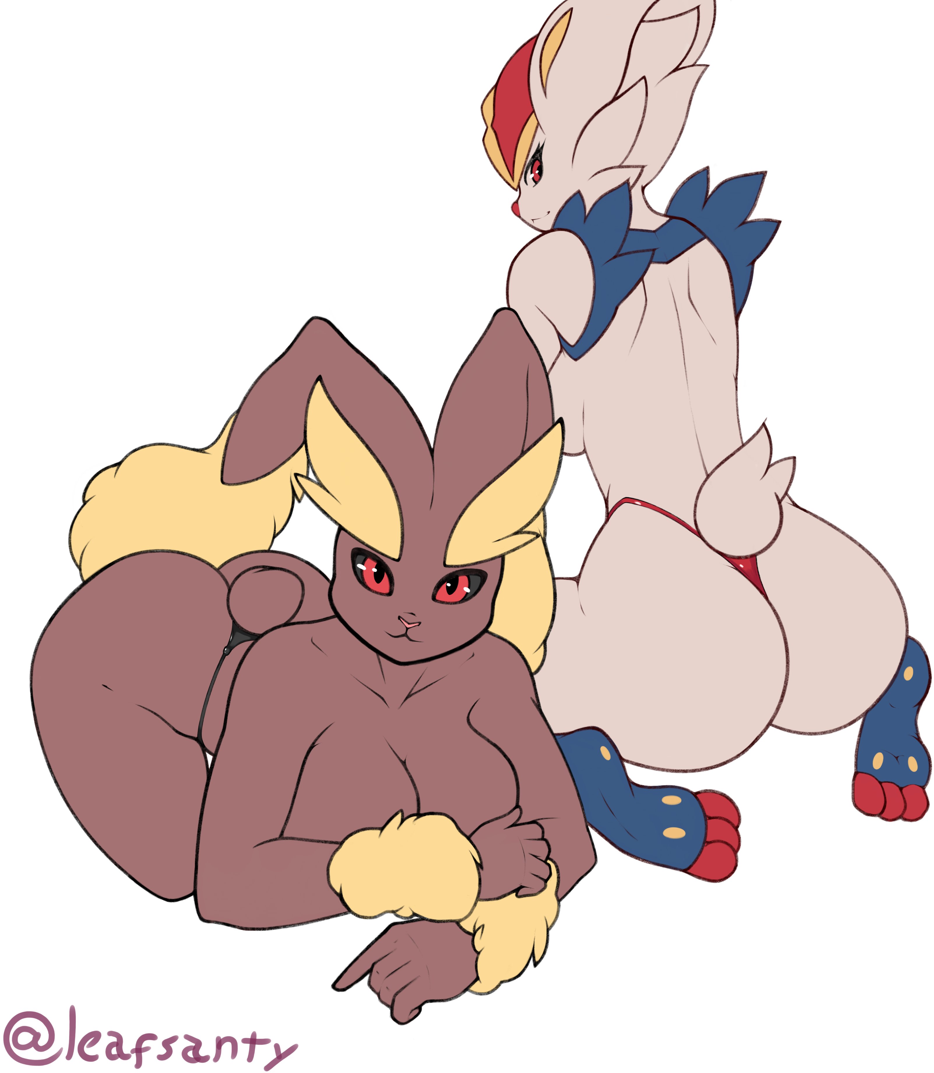 2d, 2girls, anthro, big breasts, breasts, brown fur, bunny ears, bunny tail, cinderace, female, female cinderace, female/female, fur, furry, leafsanty, lopunny, nintendo, pokémon (species), pokemon, pokemon (species), red eyes, simple background, thong, white fur