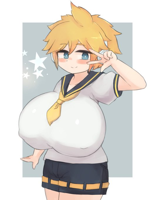 1boy alternate_breast_size blonde_hair blue_eyes breasts bulge bulge_through_clothing busty_boy clothed headphones headphones_on_head huge_breasts kagamine_len lowres messy_hair necktie oppai_shota penis_under_clothes pittori sailor_collar short_hair shorts solo solo_male source_not_archived vocaloid