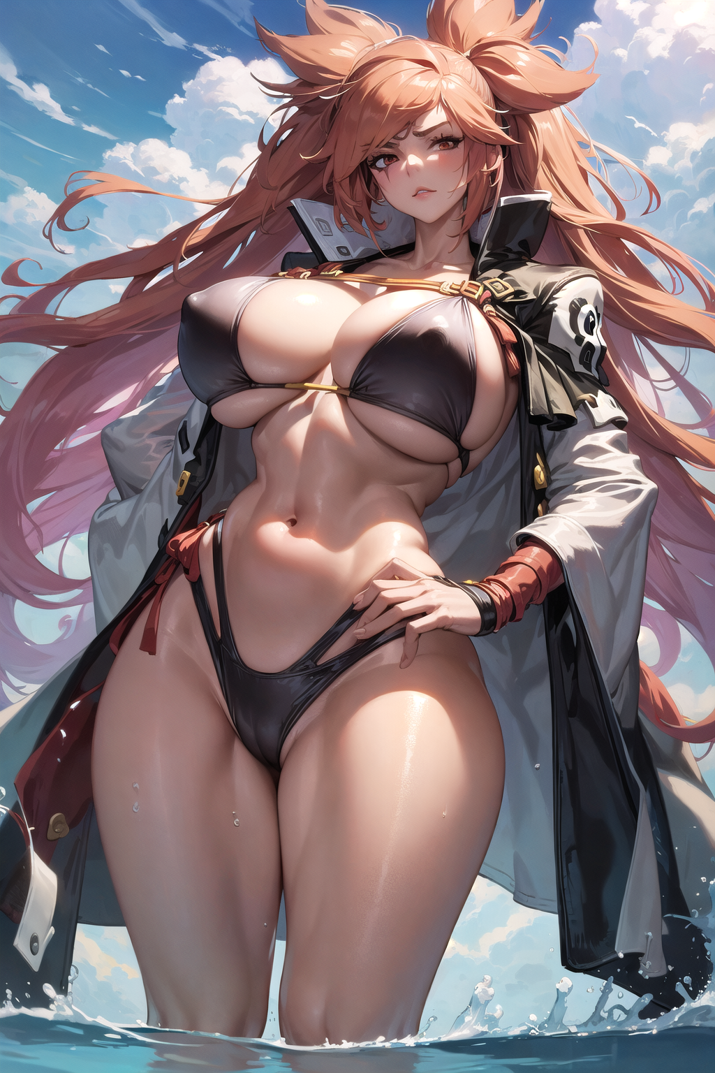 ai generated, baiken, big breasts, bikini, breasts, female, guilty gear, low-angle view, seductive look, the hotshot, thick thighs, wide hips