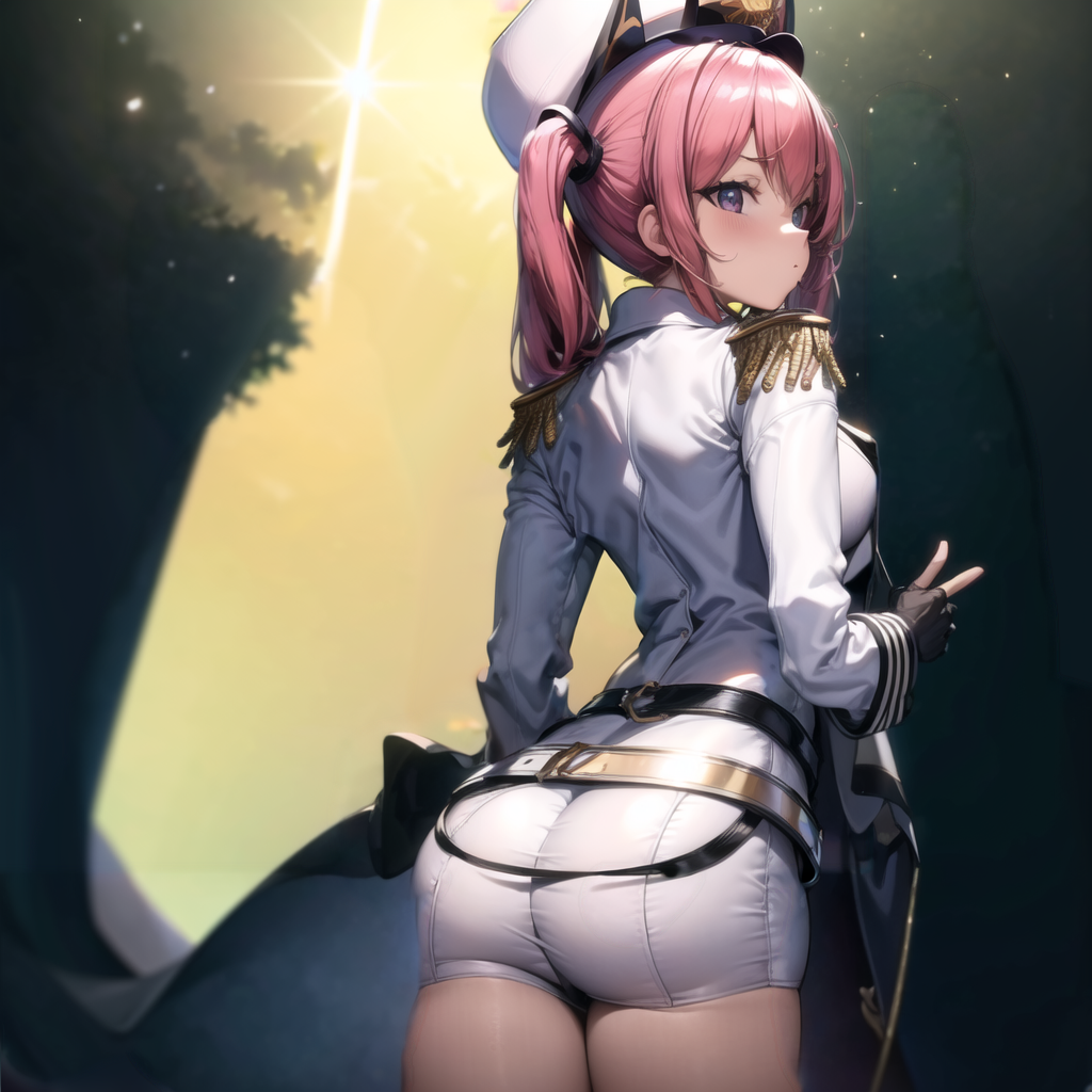 ai_generated ass blush breasts female fingerless_gloves from_behind gloves goddess_of_victory:_nikke hat long_hair looking_at_viewer looking_back mast_(nikke) medium_breasts military military_uniform red_eyes red_hair shiny shiny_clothes shiny_hair shiny_skin short_shorts shorts sideboob solo twintails uniform